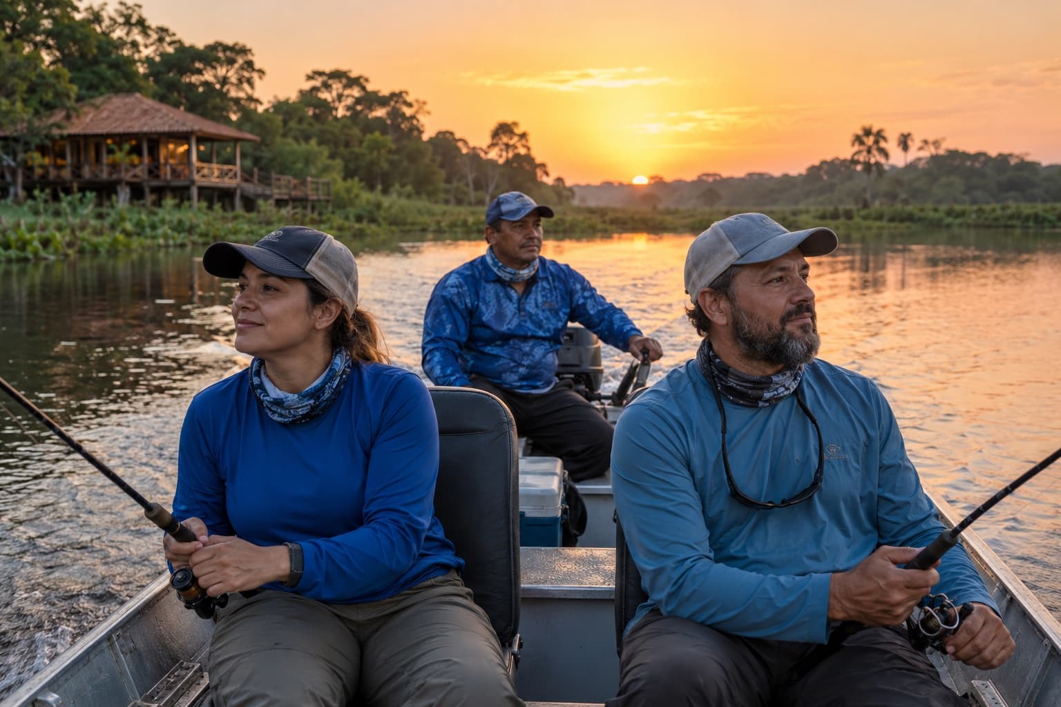 Pousada de pesca à beira de um rio no Pantanal, com um piloteiro conduzindo um barco de alumínio com dois pescadores segurando varas ao nascer do sol
