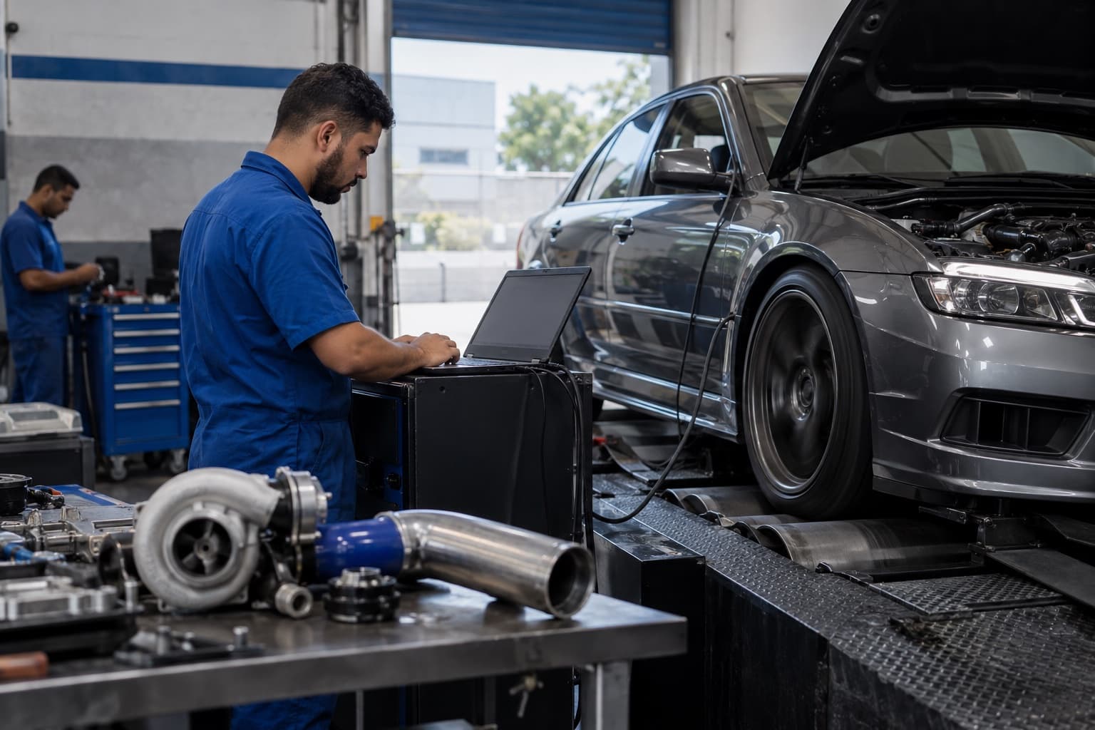 Mecânico de uniforme azul com notebook conectado a um carro num dinamômetro de rolo, com peças de turbo sobre a bancada da oficina