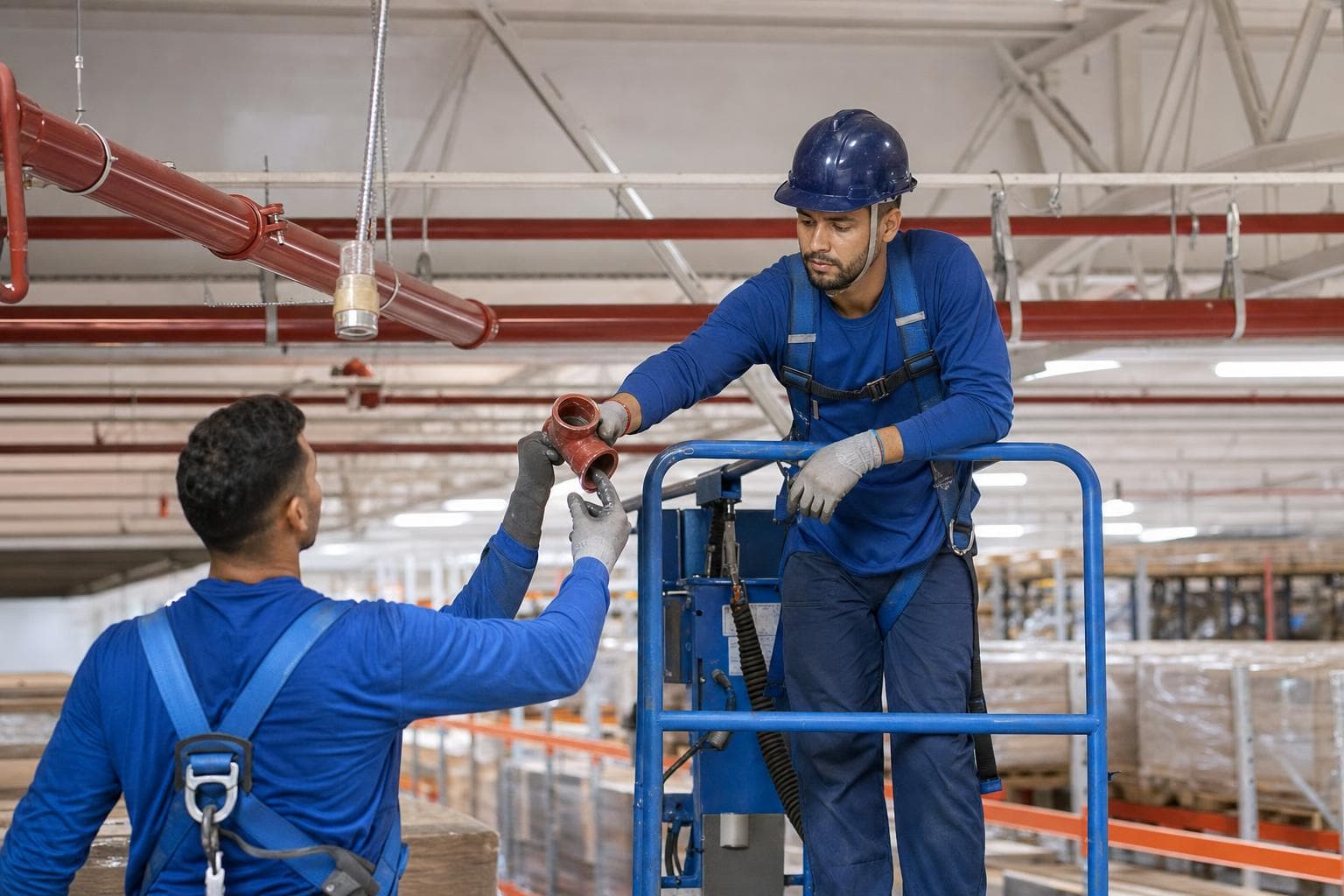 Instalador em uniforme azul montando tubulação vermelha de sprinklers no teto de um galpão