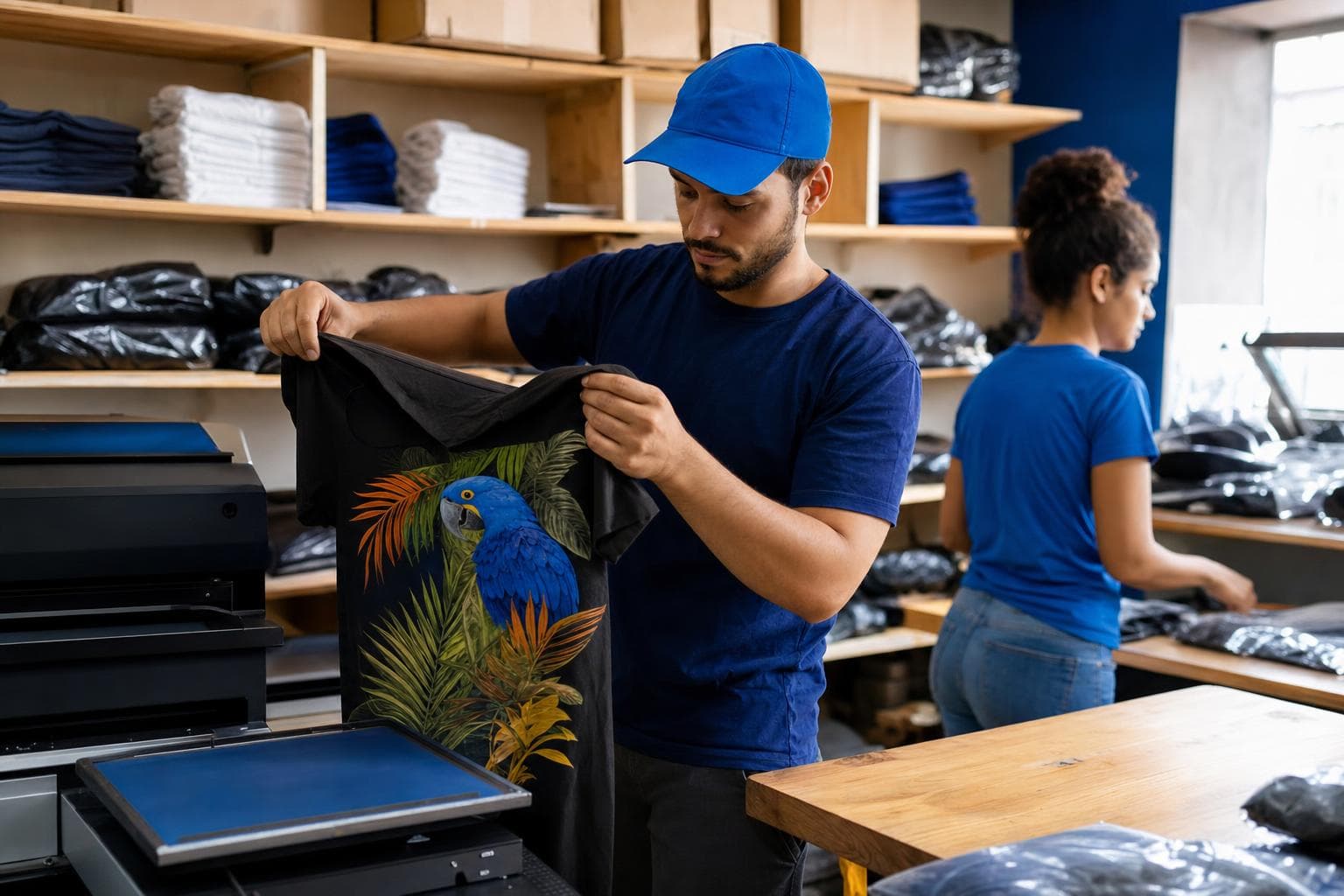 Operador tirando uma camiseta da impressora em um galpão de produção sob demanda com pedidos embalados ao fundo