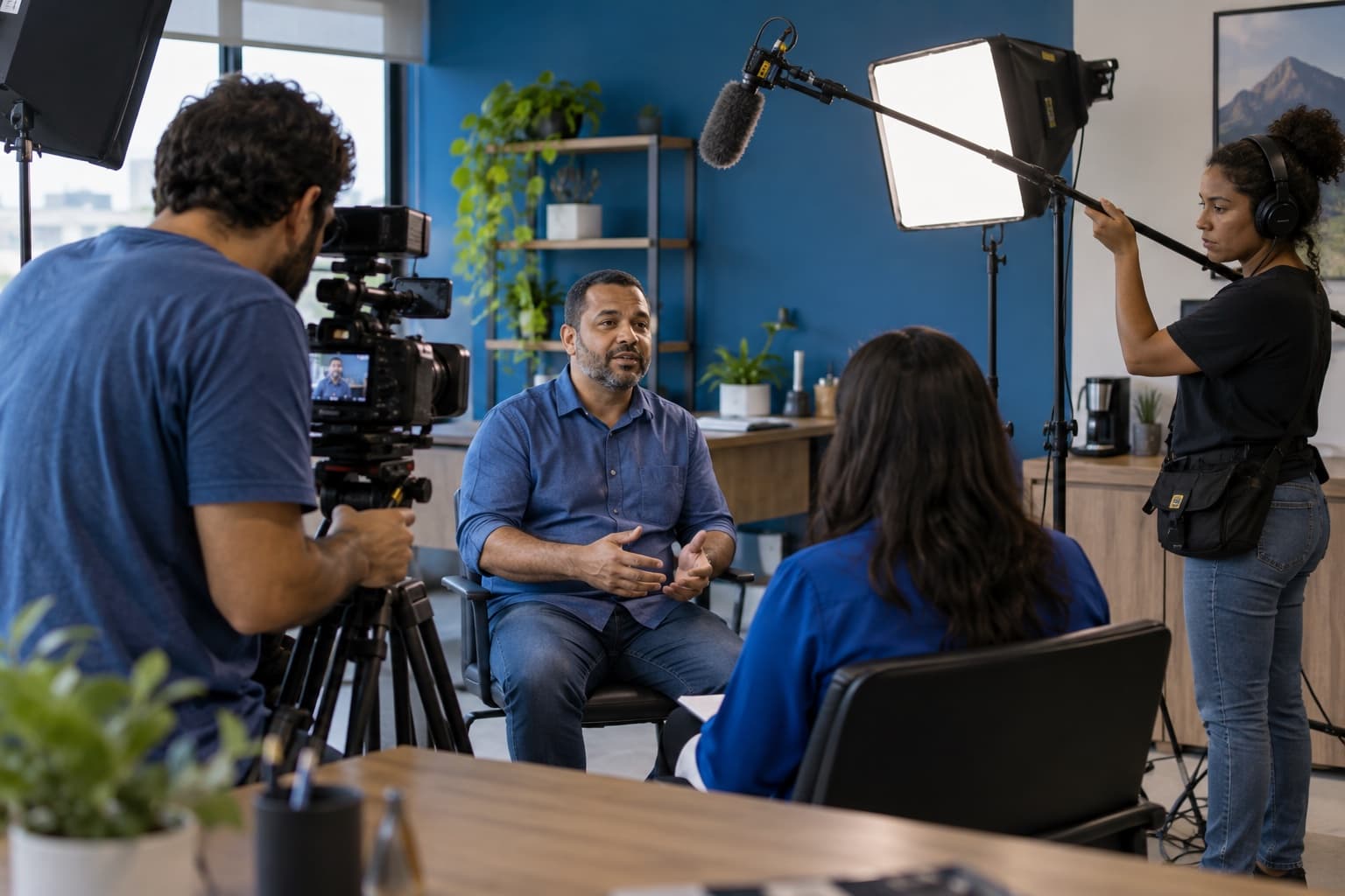 Equipe pequena gravando uma entrevista em escritório com câmera no tripé, microfone boom e luz difusa