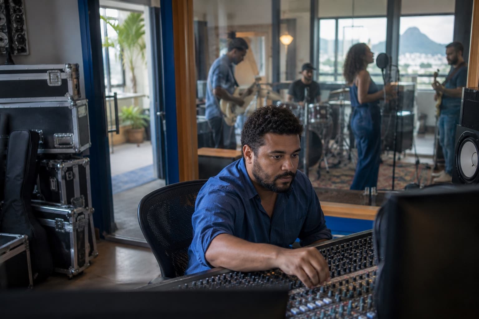 Produtor musical de camisa azul em mesa de som com banda ensaiando atrás do vidro e cases de equipamento perto da porta
