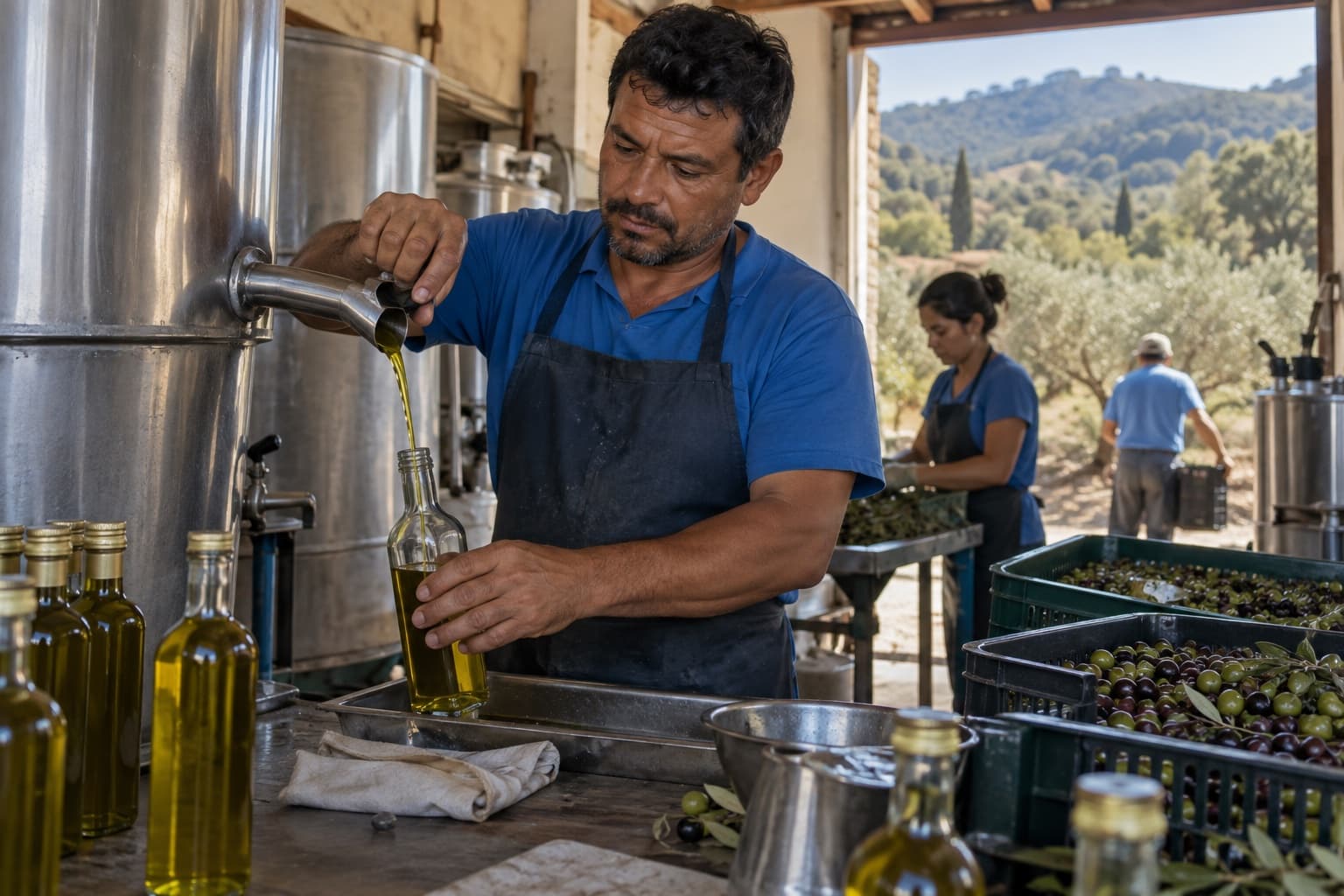 Trabalhador de camiseta azul enchendo uma garrafa de vidro com azeite recém-extraído num pequeno lagar com tanques de inox e caixas de azeitonas