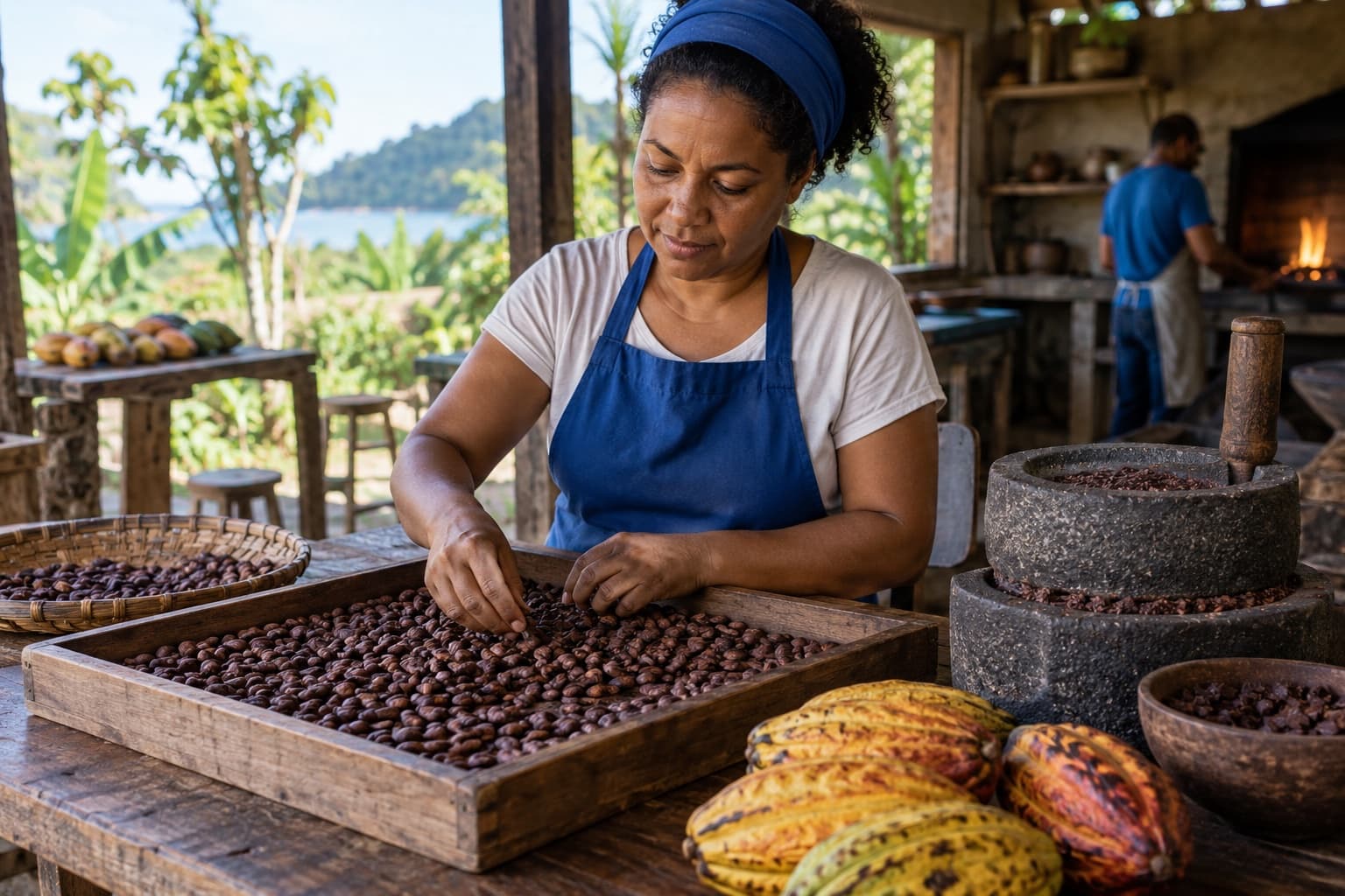 Chocolateira de avental azul escolhendo amêndoas de cacau torradas numa mesa de madeira com frutos de cacau e um moinho de pedra