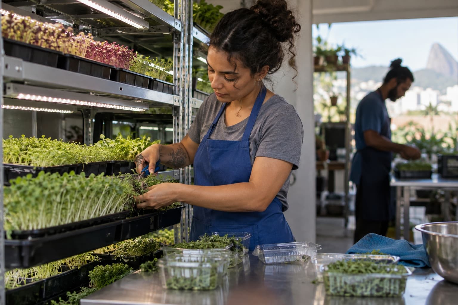 Jovem produtora de avental azul cortando microverdes de bandejas em prateleiras com iluminação de cultivo, potes plásticos prontos na bancada