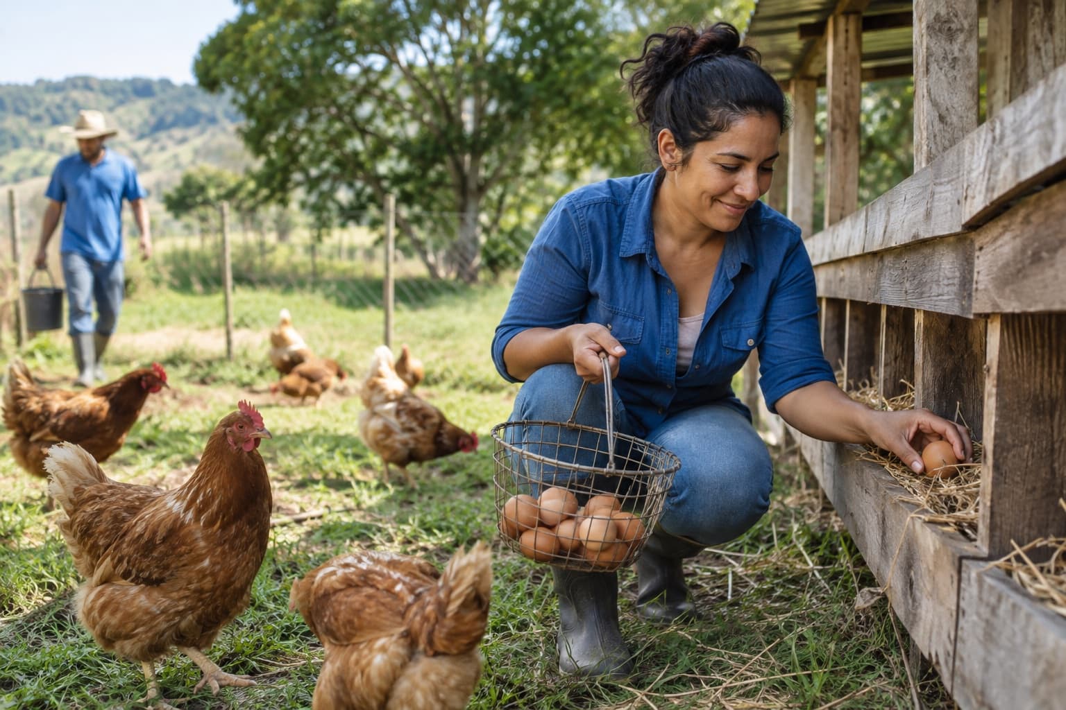 Mulher de camisa azul recolhendo ovos vermelhos num cesto de arame em galinheiro de madeira, com galinhas soltas no pasto ao redor