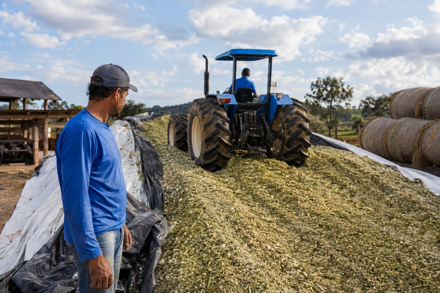 Produtor de camiseta azul ao lado de um trator compactando um grande silo de superfície com lona preta e branca, fardos redondos de feno ao fundo