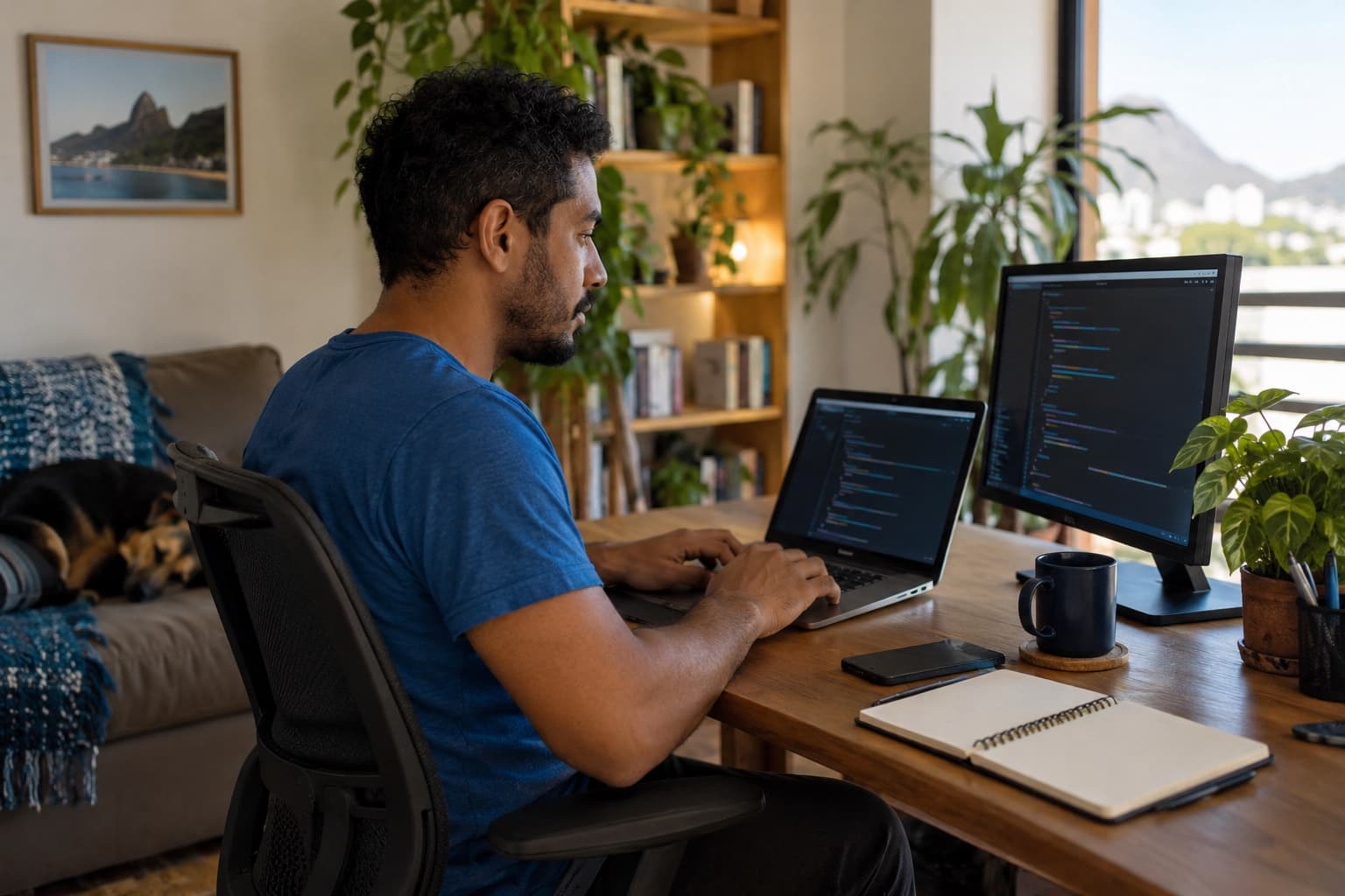 Programador de camiseta azul trabalhando em home office com notebook e monitor com editor de código, caneca de café, plantas e caderno na mesa