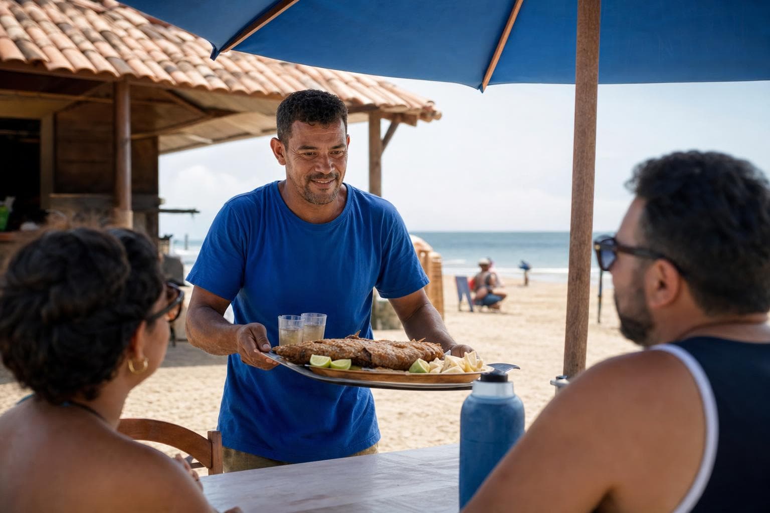 Garçom de quiosque levando porção de peixe e bebidas até um guarda-sol na areia