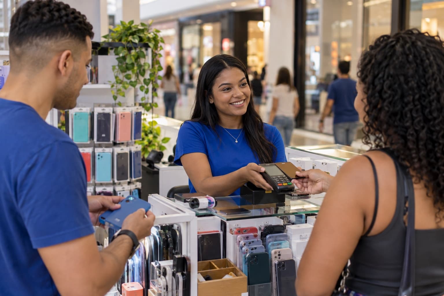 Atendente num quiosque de shopping vendendo capinhas de celular com a maquininha de cartão sobre o balcão