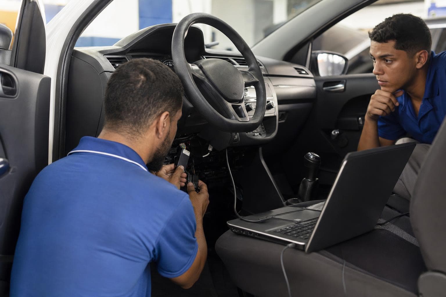 Instalador conectando um módulo rastreador sob o painel de um carro, com notebook de configuração ao lado