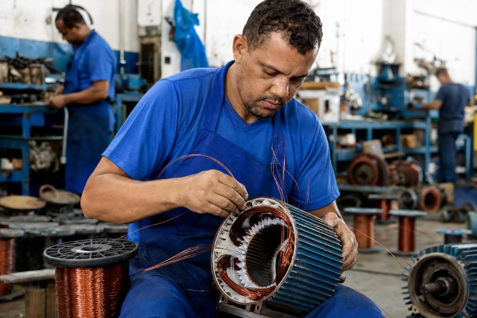 Técnico rebobinando o estator de um motor elétrico trifásico com fio de cobre esmaltado