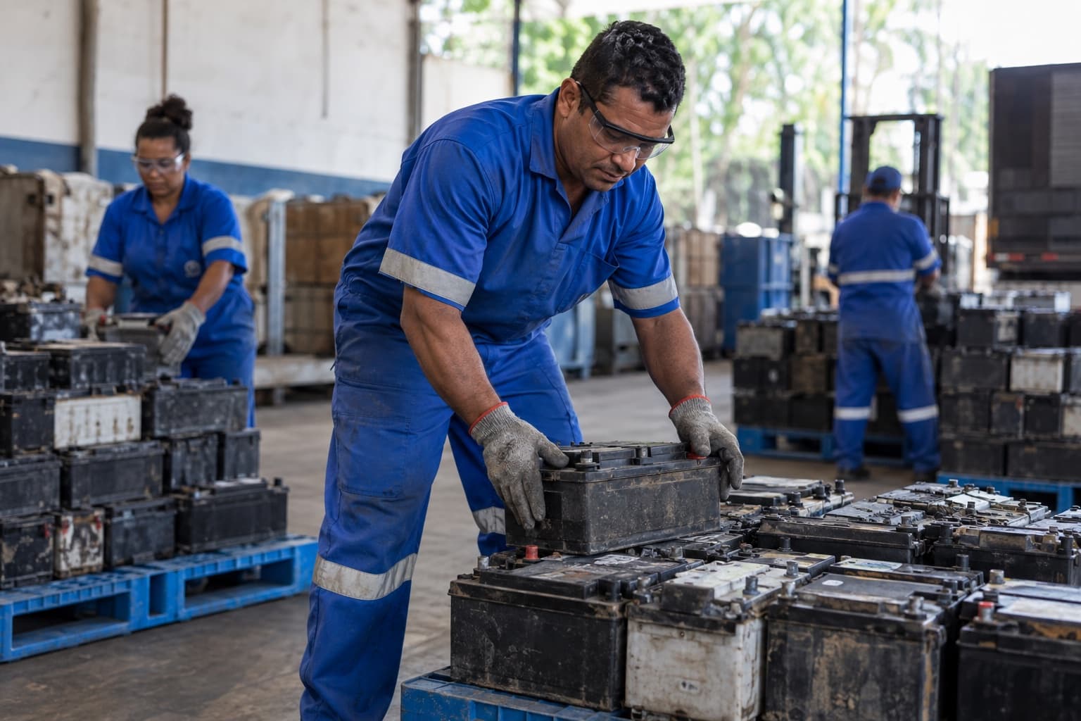 Trabalhador de macacão azul, luvas e óculos de proteção empilhando baterias automotivas usadas sobre paletes plásticos num galpão de reciclagem