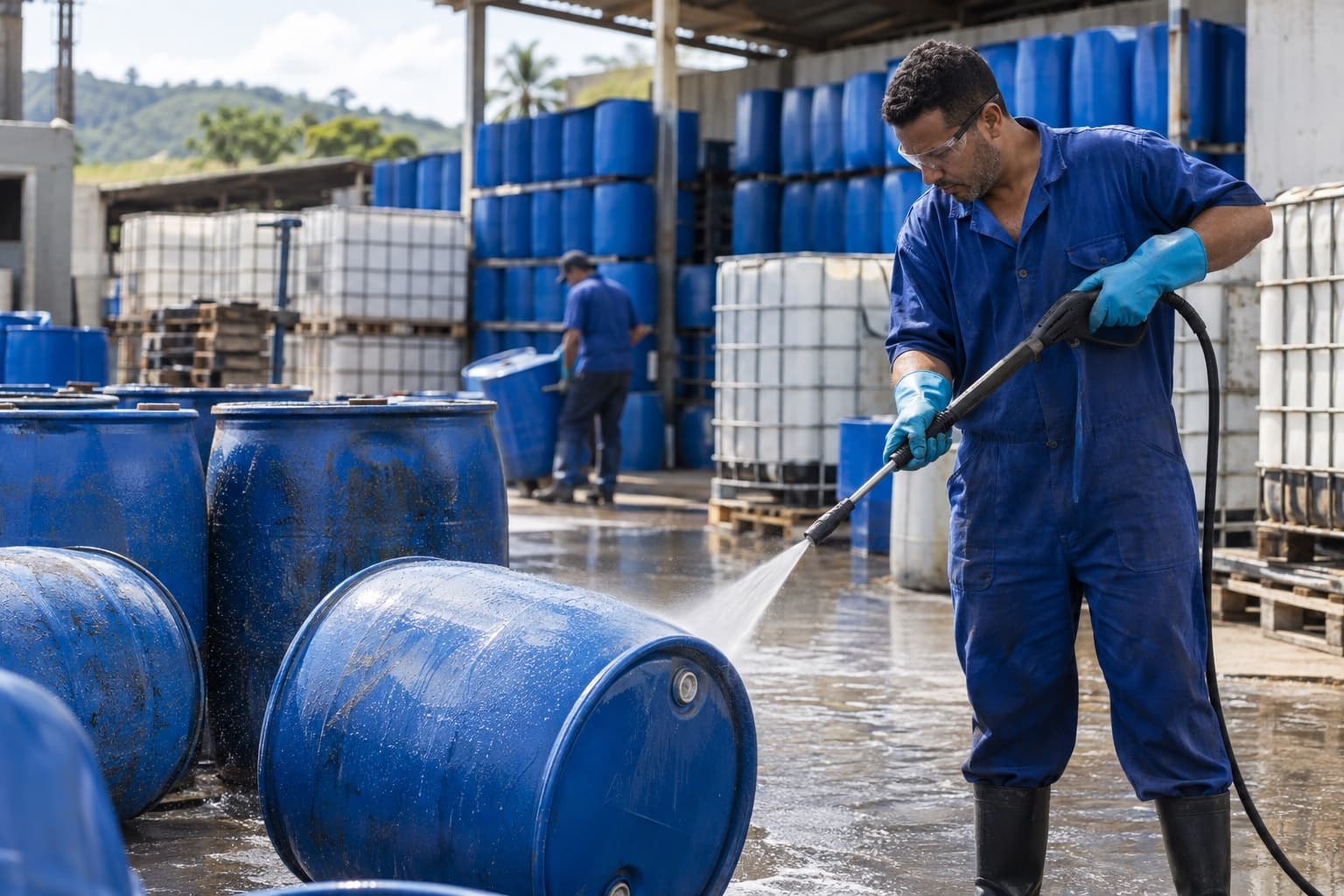 Trabalhador de macacão azul e luvas lavando bombonas plásticas azuis com lavadora de alta pressão num pátio, com bombonas limpas e tanques IBC empilhados ao fundo