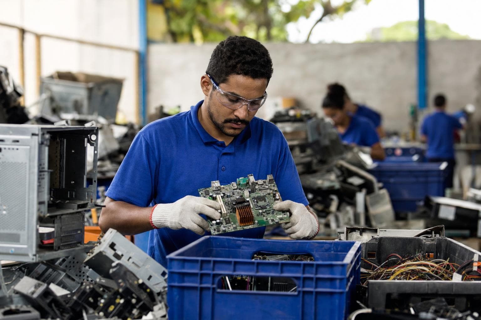 Funcionário separando placas de circuito e cabos de computadores desmontados em uma bancada de reciclagem