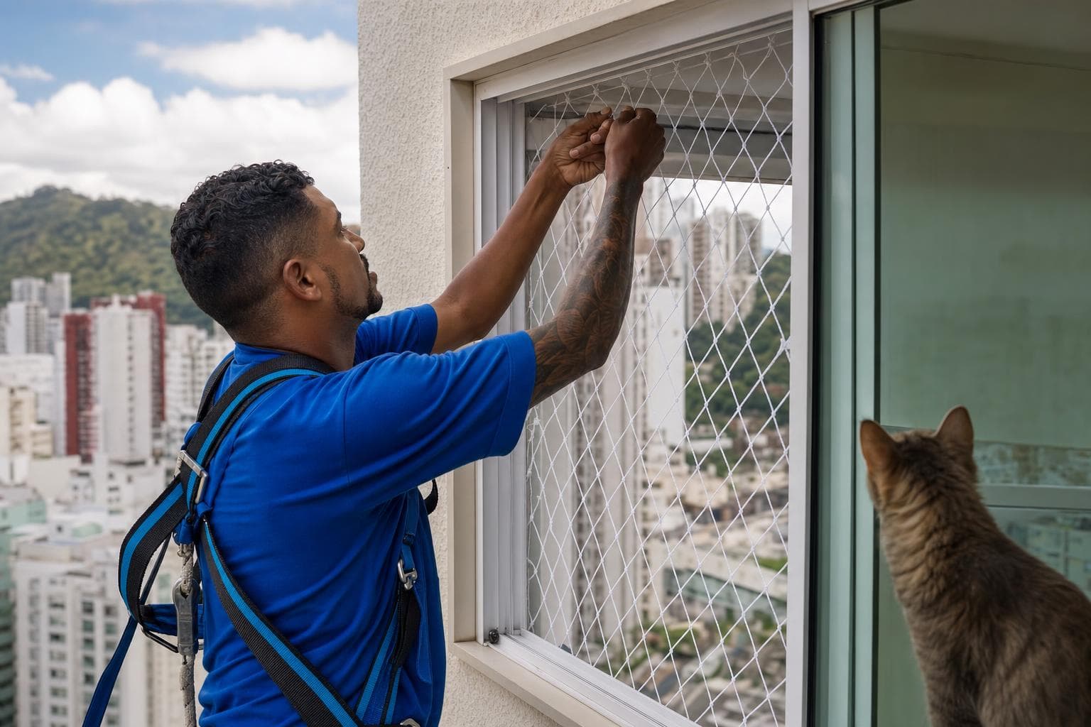 Instalador fixando uma rede de proteção na janela de um apartamento