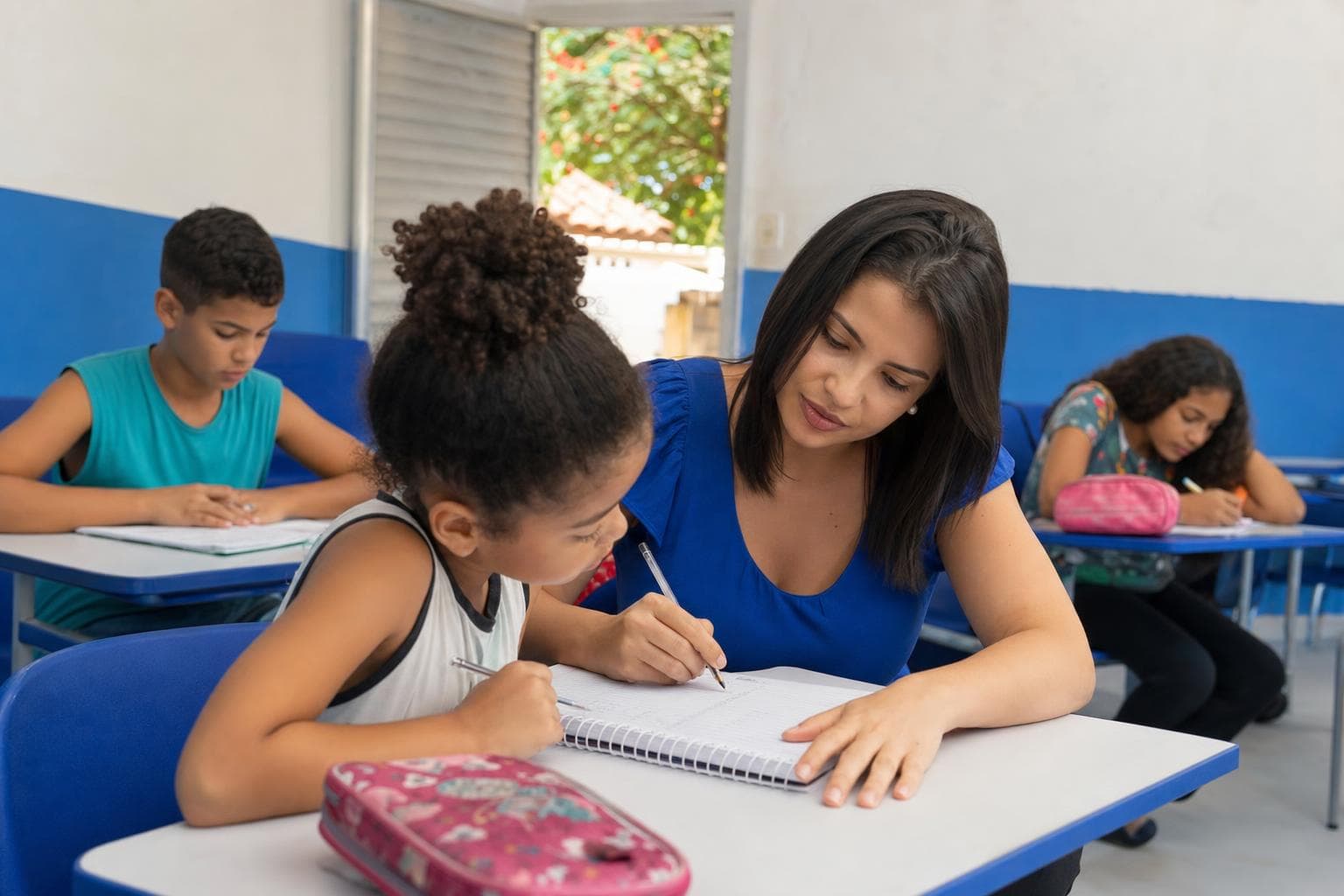 Professora ajudando uma criança com exercícios de matemática em uma sala de reforço escolar