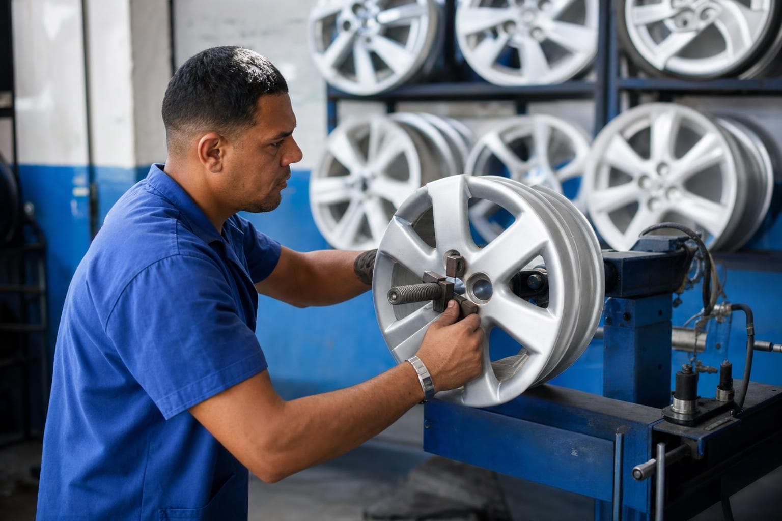 Técnico ajustando uma roda de liga leve em uma máquina de desempeno em oficina