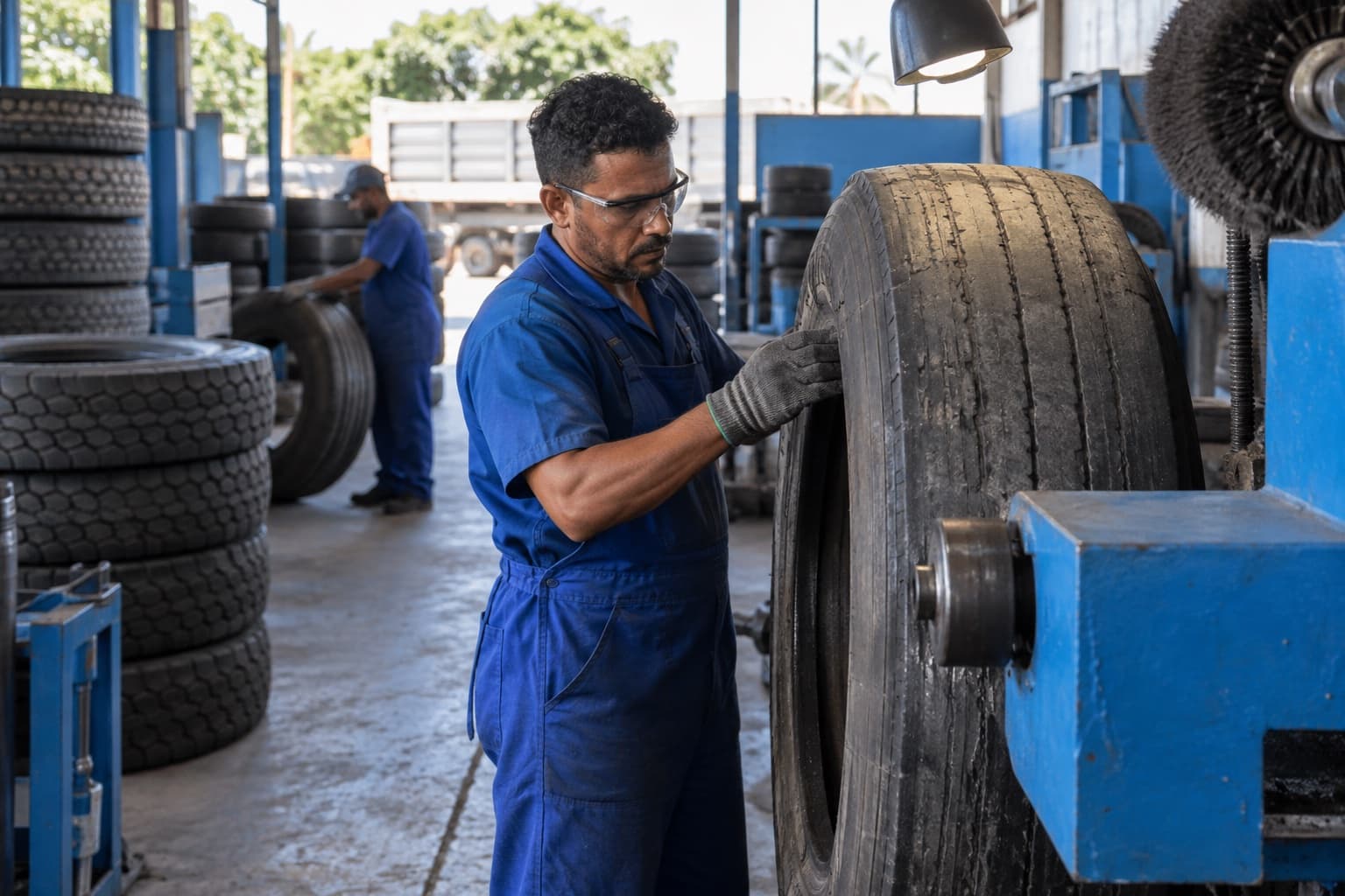 Funcionário de macacão azul examinando a carcaça gasta de um pneu de caminhão na raspadeira de uma recapadora