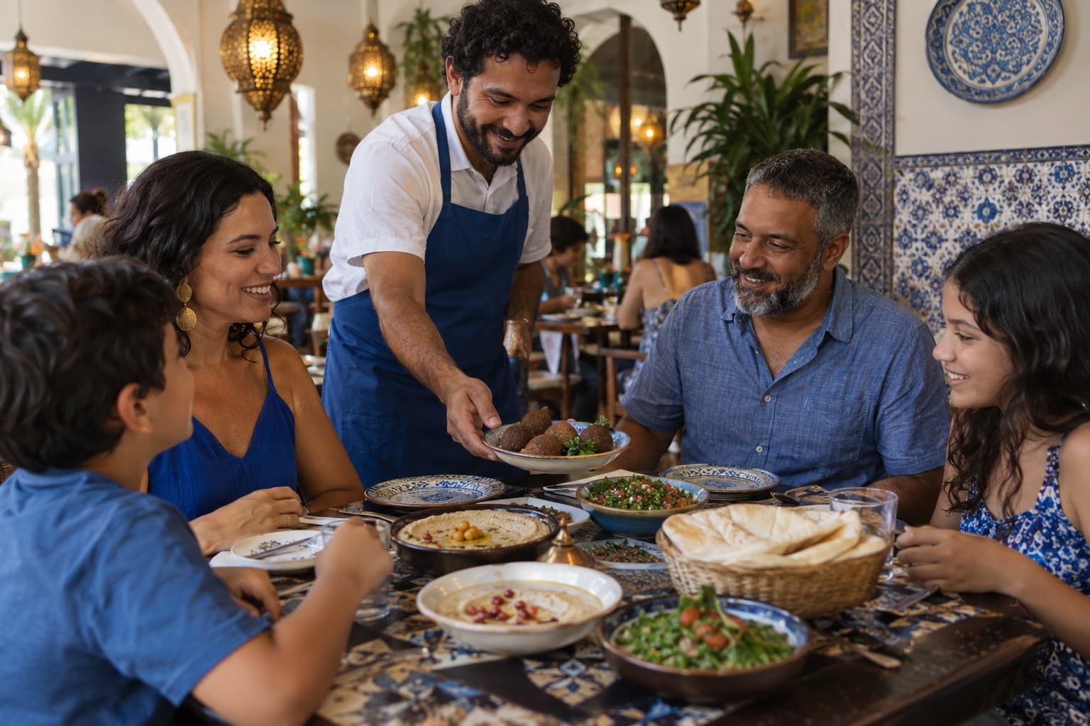Garçom de avental azul servindo uma família num restaurante árabe, com mesa de homus, babaganuche, quibe, tabule e pão sírio sob lanternas de latão