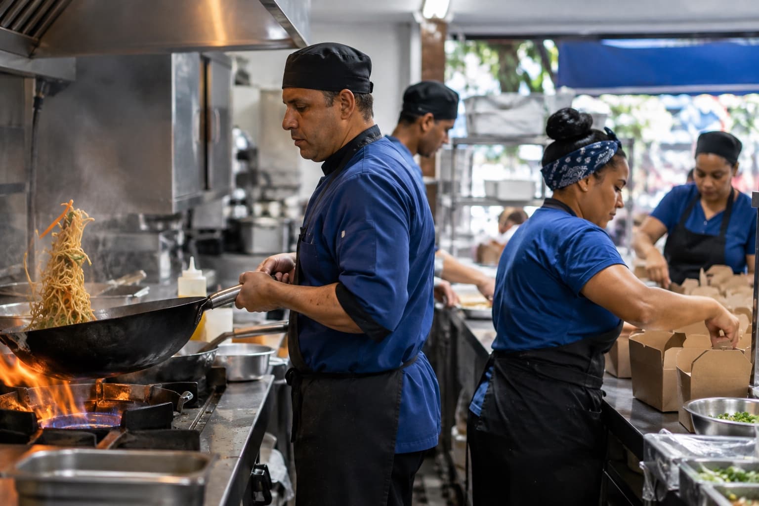 Cozinheiro de dólmã azul salteando macarrão no wok em chama alta na cozinha de um restaurante chinês, com caixinhas de delivery sendo fechadas no balcão
