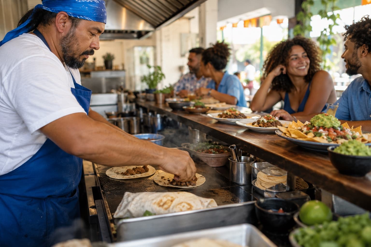 Cozinheiro de avental azul montando tacos e burritos na cozinha aberta de um restaurante mexicano, com pratos de guacamole e nachos no balcão