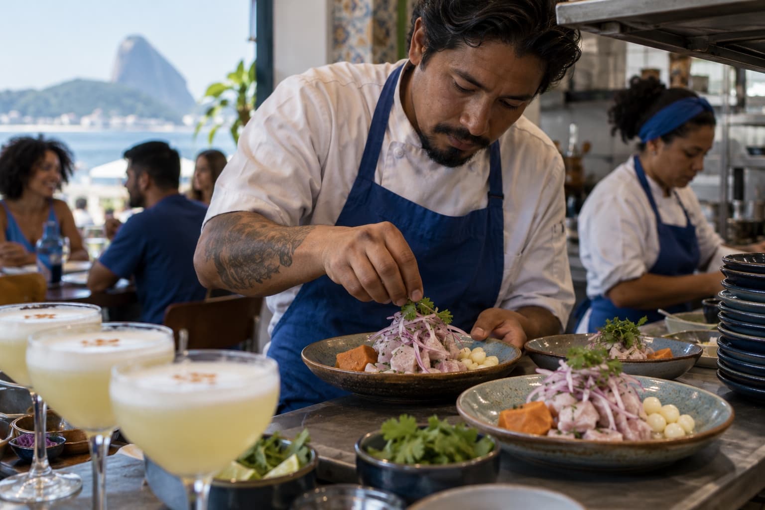 Cozinheiro de avental azul montando um ceviche com cebola roxa e batata-doce no passe da cozinha, com copos de pisco sour no balcão