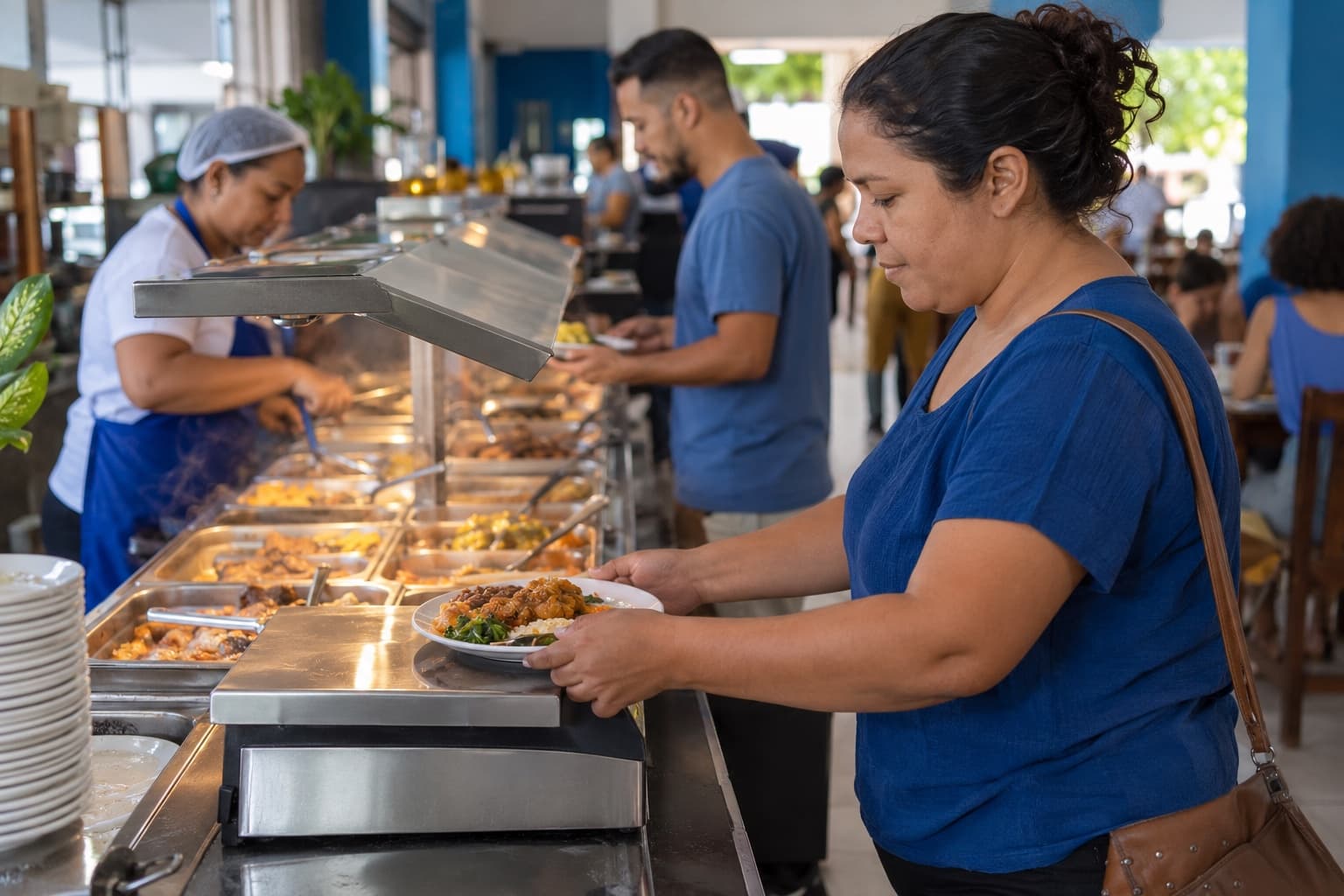 Cliente colocando o prato na balança no fim do bufê de um restaurante self-service