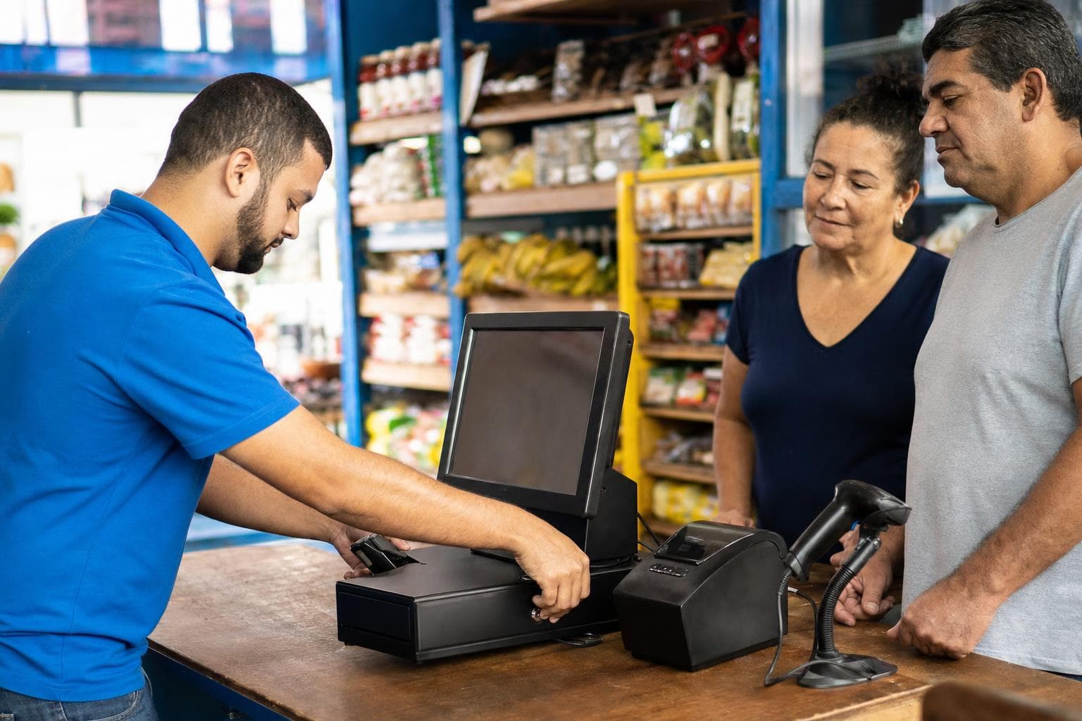 Técnico instalando PDV com impressora térmica, leitor de código de barras e gaveta no caixa de um mercadinho