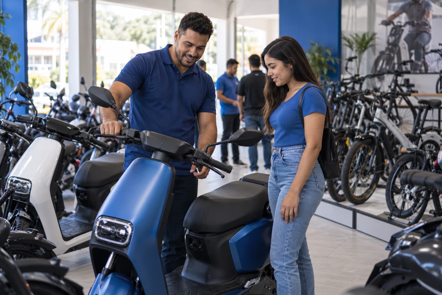 Vendedor apresentando uma scooter elétrica azul a uma cliente numa loja com scooters e bicicletas elétricas enfileiradas