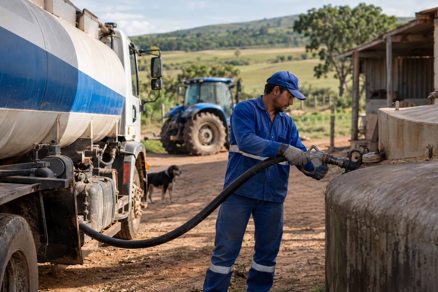 Motorista de uniforme azul conectando a mangueira do caminhão-tanque ao tanque de diesel de uma fazenda, com um trator ao fundo numa estrada de terra