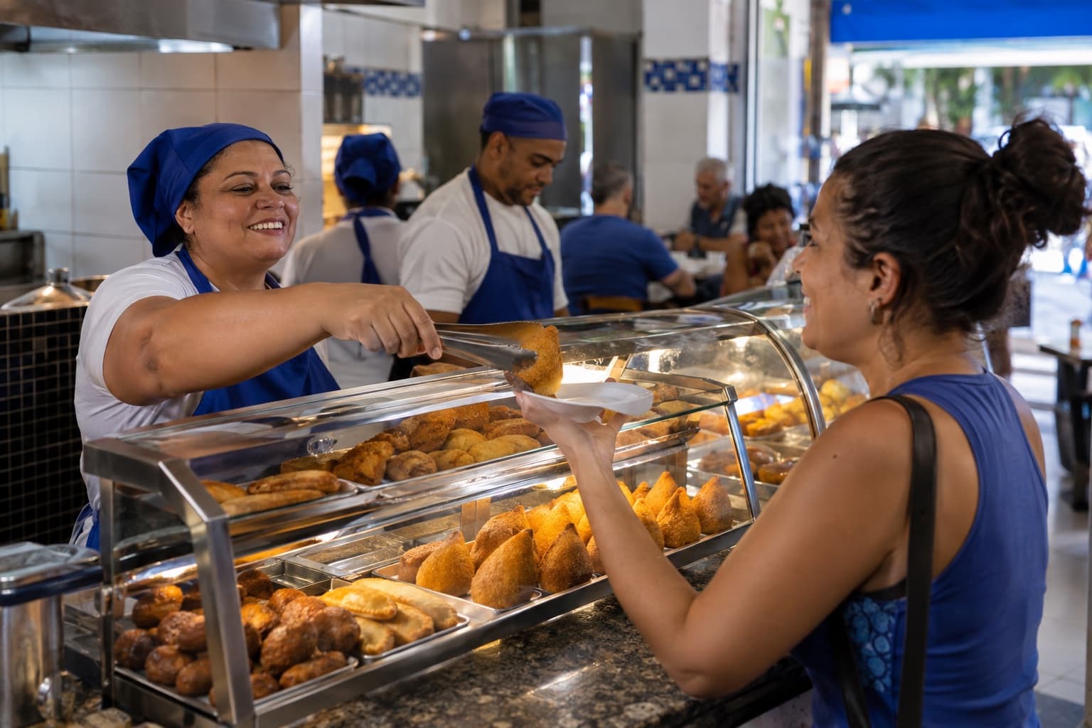 Atendente de camiseta azul servindo coxinhas e salgados fritos de uma estufa aquecida para um cliente no balcão de uma salgaderia