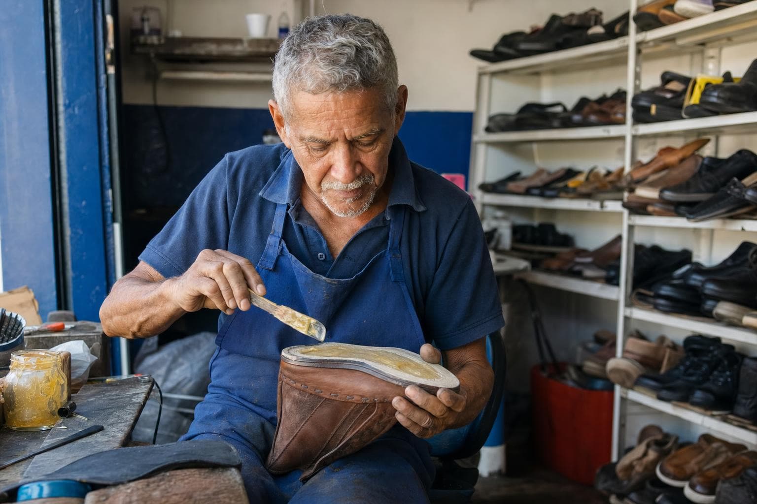 Sapateiro colando a sola de uma bota em sua bancada de conserto de calçados
