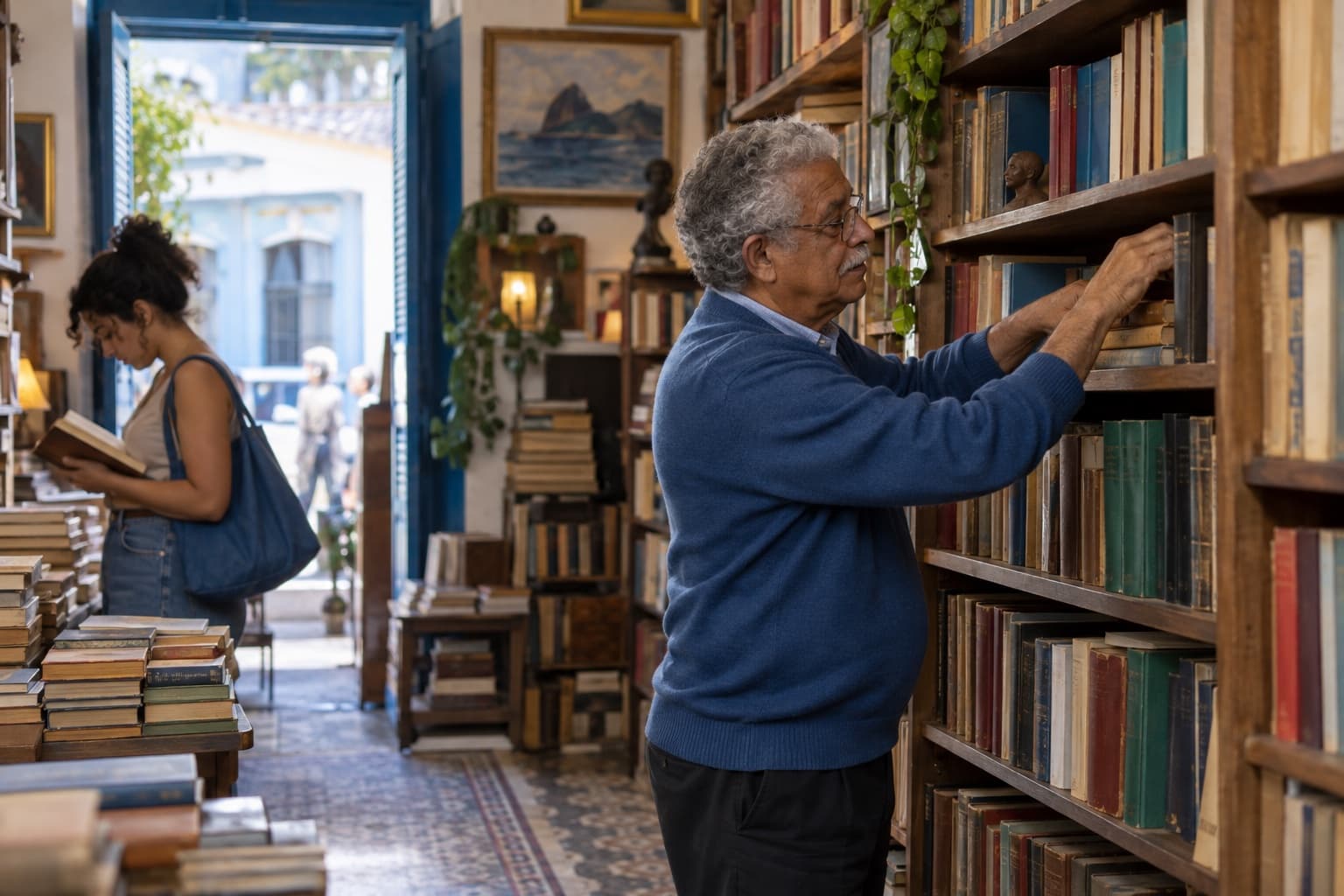 Livreiro idoso de suéter azul arrumando livros usados em estantes de madeira lotadas de um sebo enquanto uma jovem folheia um livro antigo