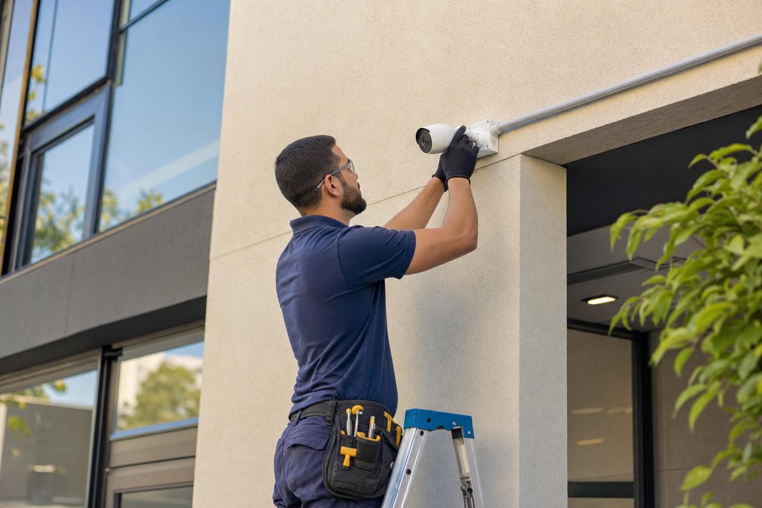 Técnico ajustando uma câmera IP de CFTV instalada na fachada de um prédio comercial