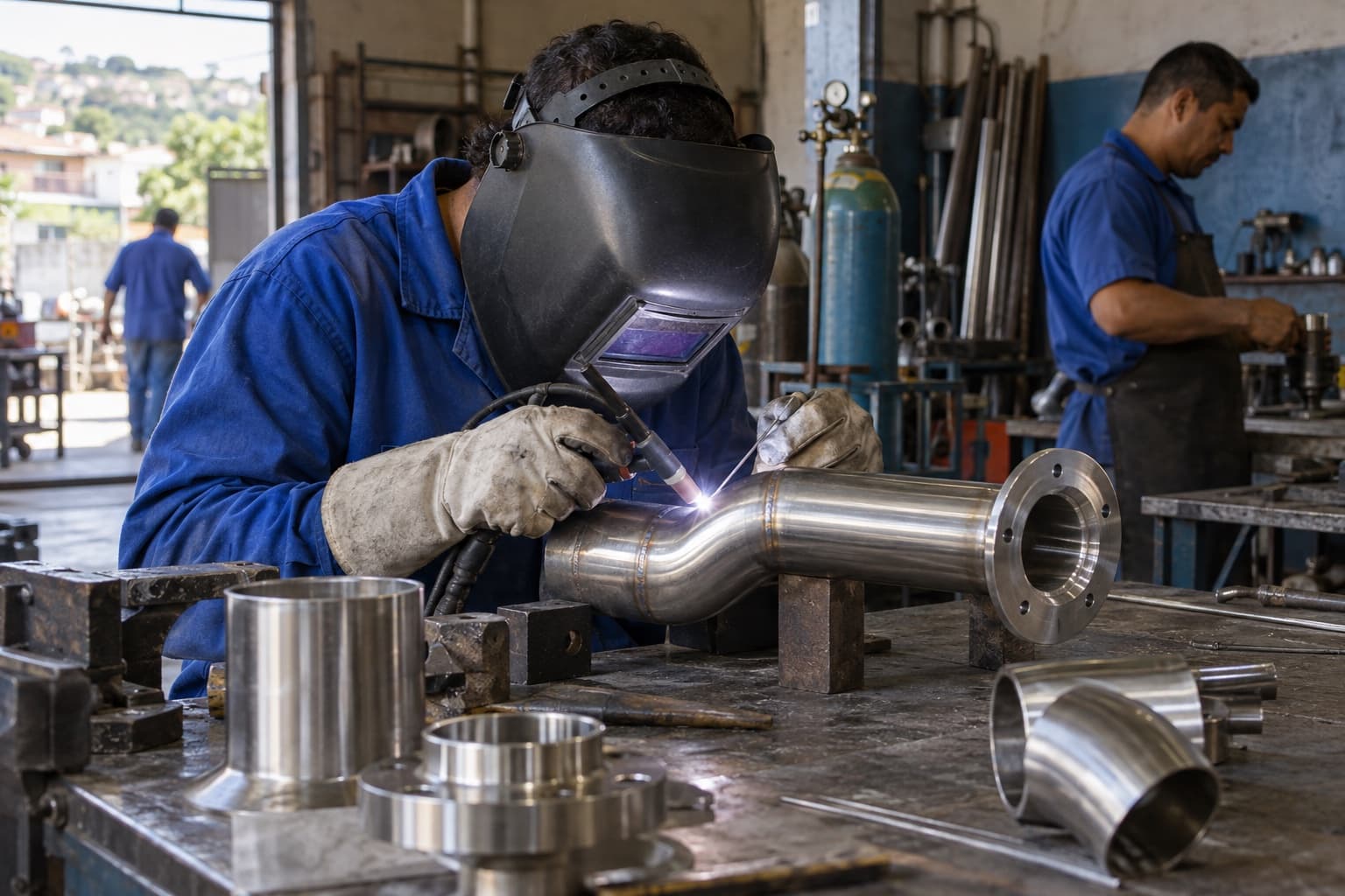 Soldador de jaqueta azul e máscara de solda fazendo solda TIG num tubo de aço inox numa pequena oficina, com o arco aceso e peças na bancada