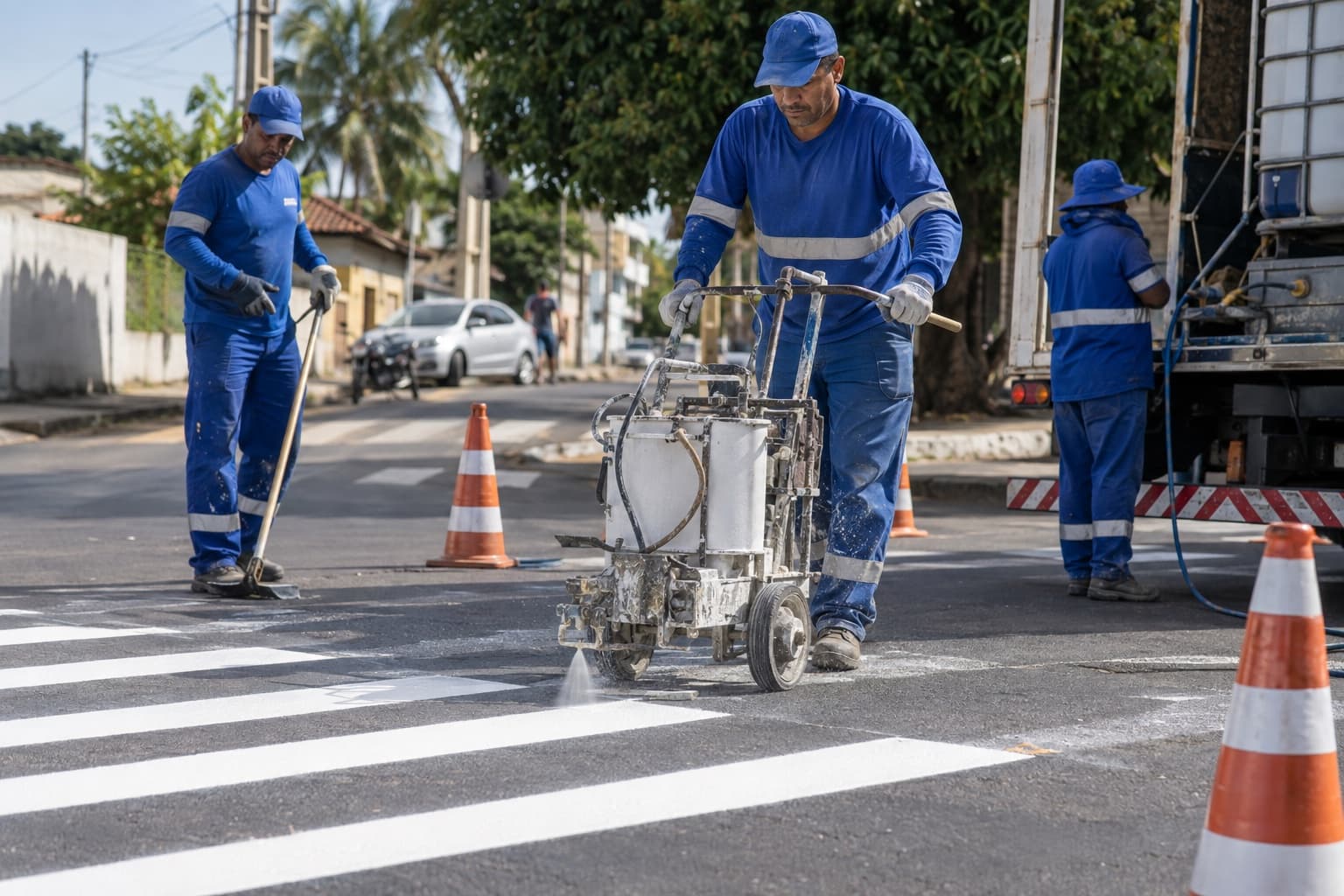 Equipe de uniforme azul pintando faixas brancas de pedestres numa rua asfaltada com máquina de demarcação, com cones ao redor