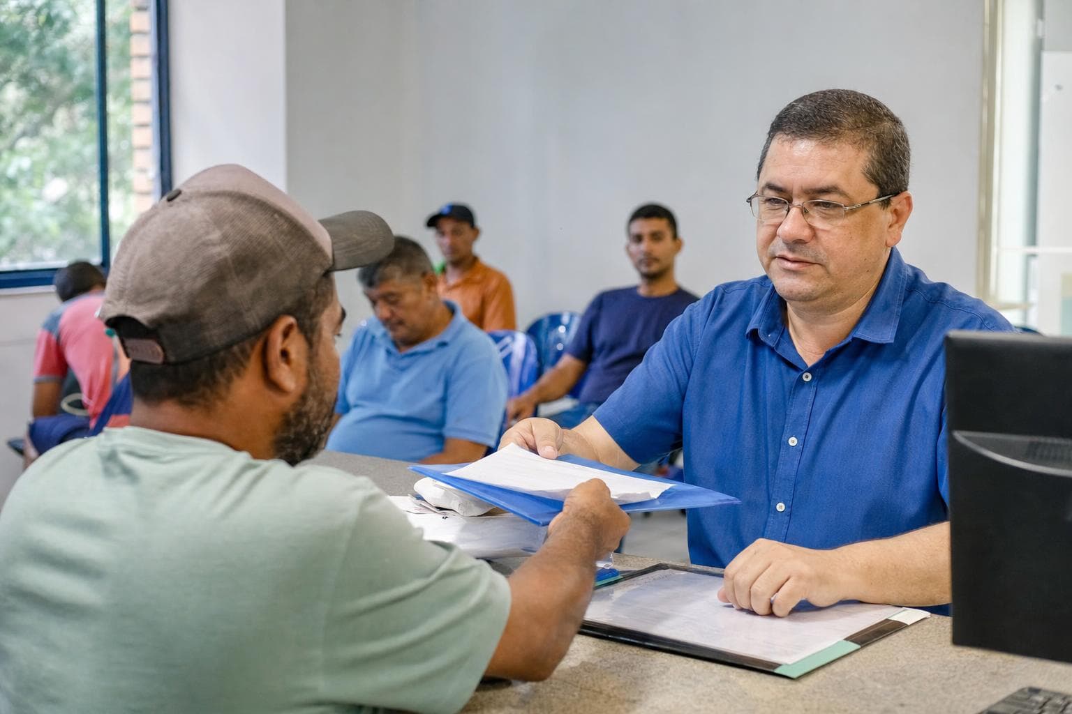 Atendente de sindicato orientando um trabalhador no balcão da sede