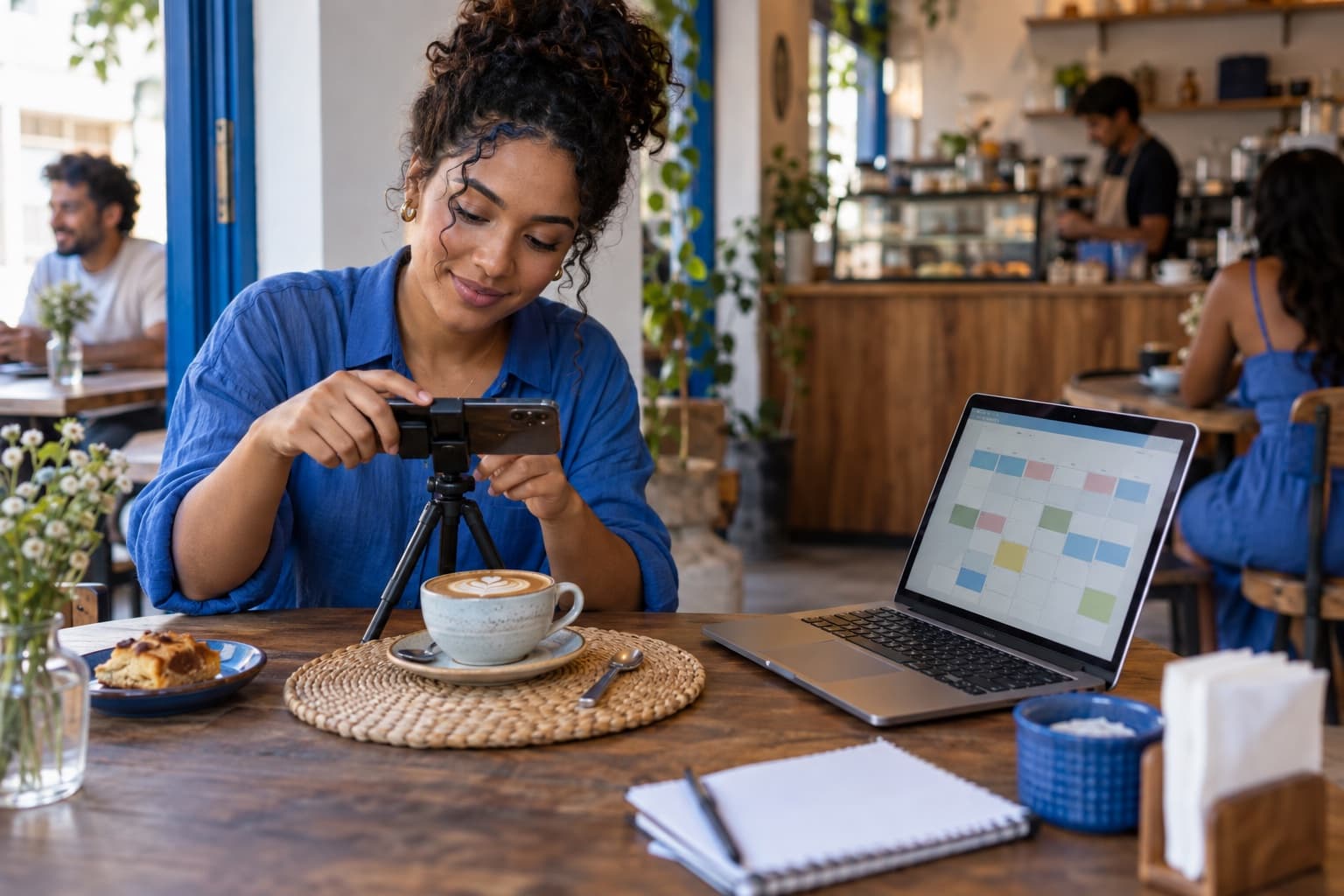 Jovem social media fotografando um cappuccino com o celular em um tripé pequeno na mesa de um café, com notebook aberto ao lado