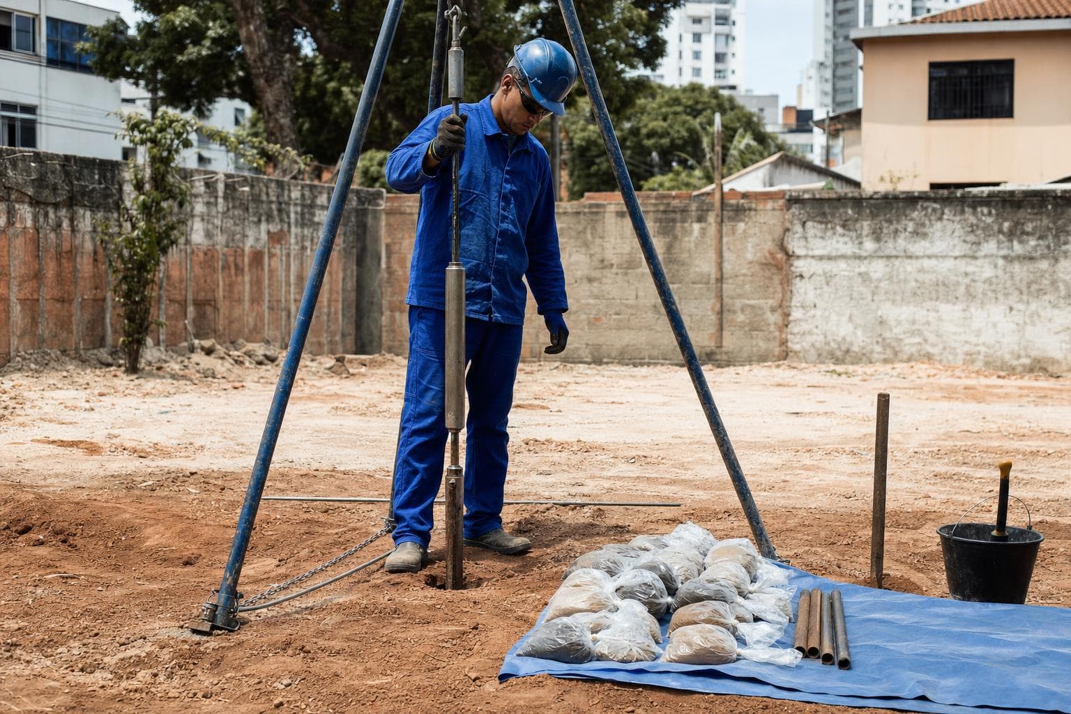 Sondador operando o tripé de sondagem à percussão em um terreno vazio com amostras ao lado