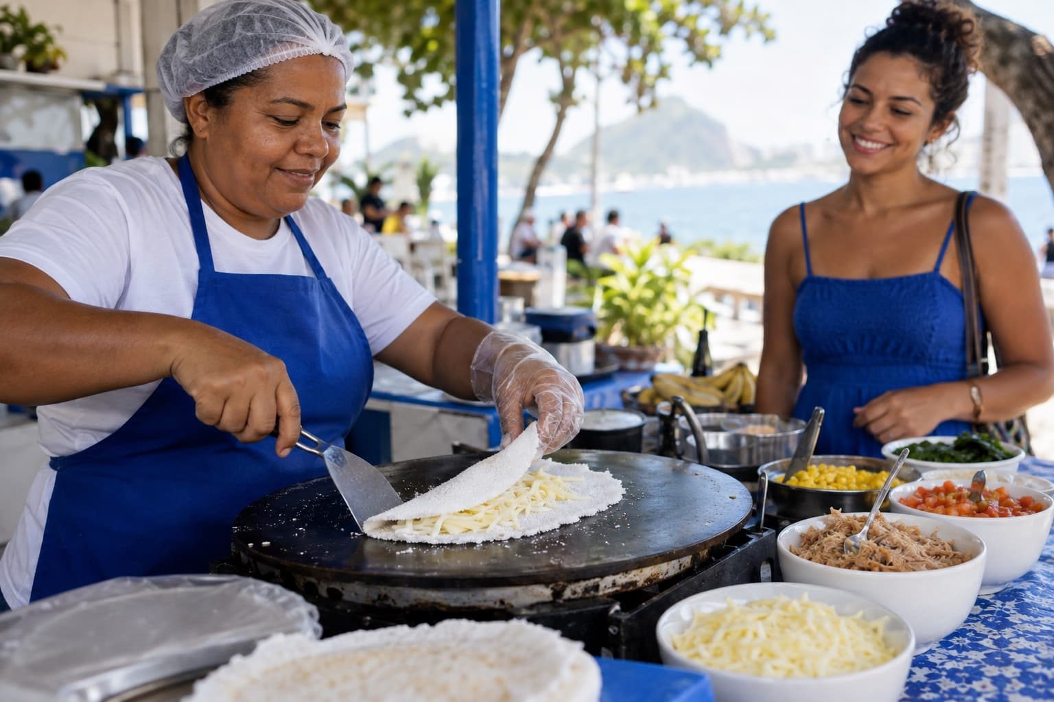 Cozinheira de avental azul dobrando uma tapioca recheada com queijo na chapa quente de uma tapiocaria enquanto um cliente espera no balcão