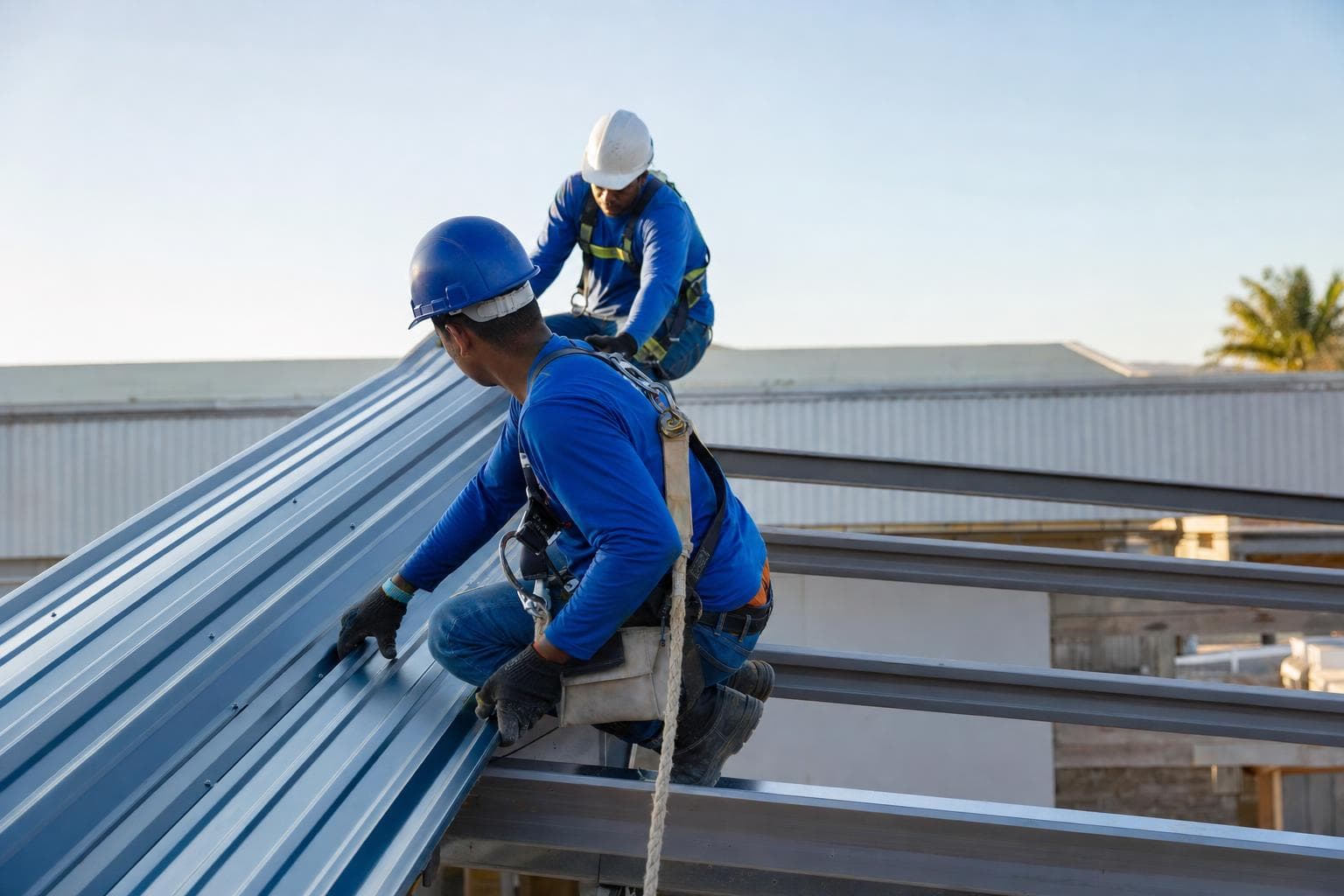 Equipe fixando telhas metálicas trapezoidais na estrutura de uma cobertura, vista de cima