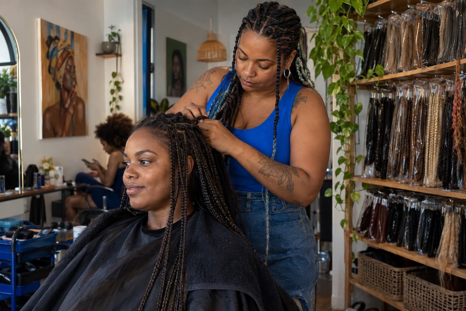 Trancista de blusa azul fazendo box braids numa cliente num salão afro aconchegante com pacotes de cabelo na prateleira