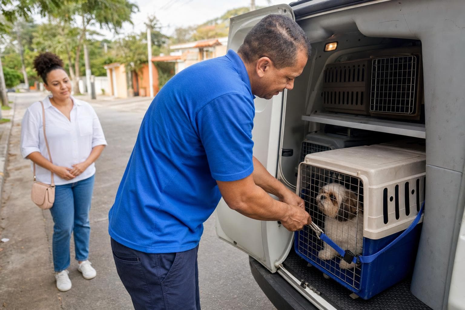 Motorista colocando uma caixa de transporte com um cão dentro de uma van adaptada