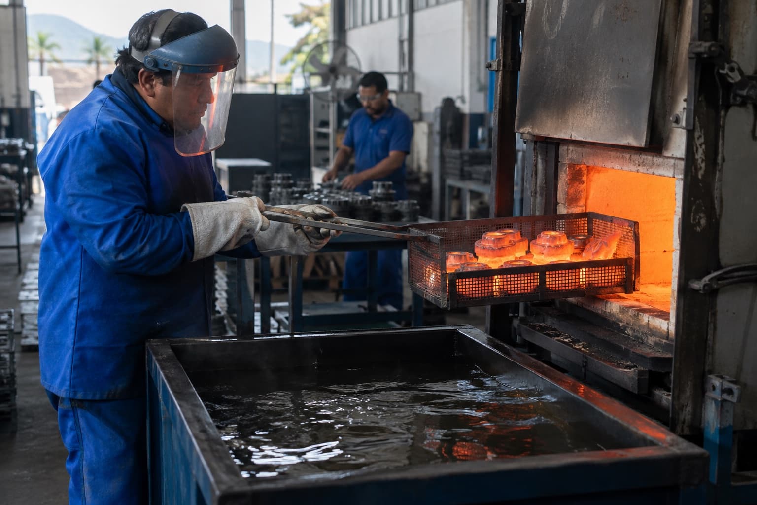 Operador de jaqueta térmica azul e protetor facial retirando um cesto de peças de aço incandescentes de um forno de tratamento térmico, com tanque de têmpera ao lado