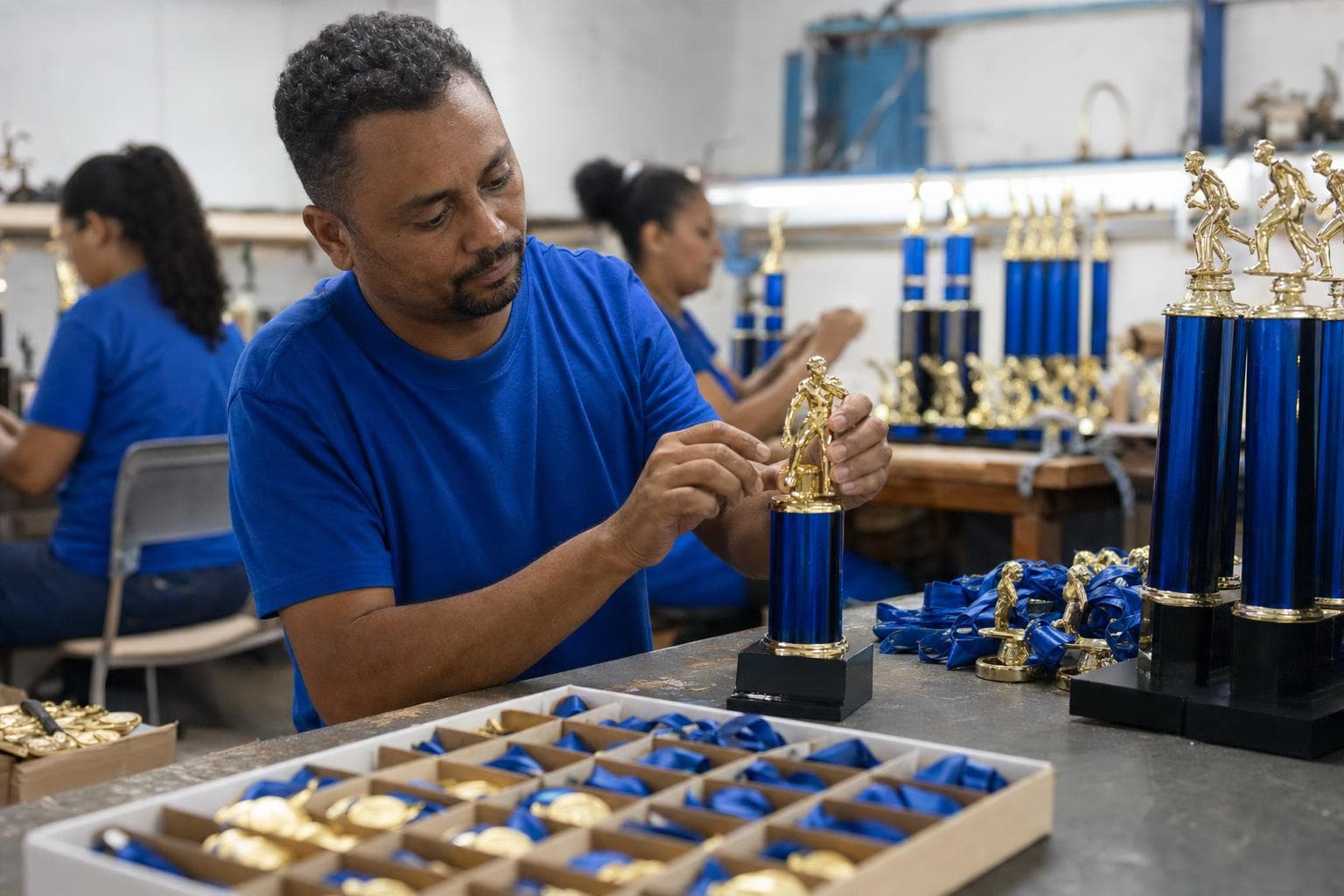 Funcionário montando troféus em uma bancada com medalhas organizadas em caixas