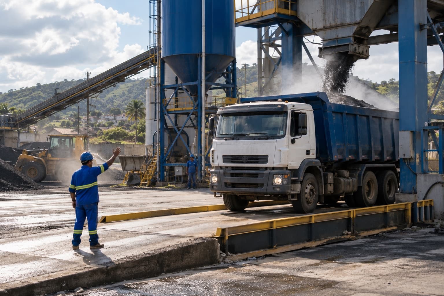 Operador de macacão azul e capacete sinalizando para um caminhão basculante carregado de asfalto quente sob o silo da usina, com vapor saindo da massa