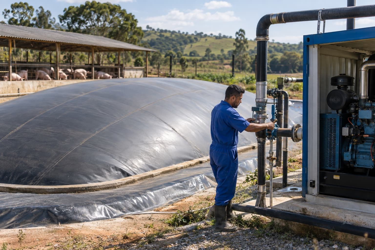 Técnico de macacão azul conferindo válvulas de tubulação de gás ao lado de um biodigestor coberto por lona escura numa granja de suínos