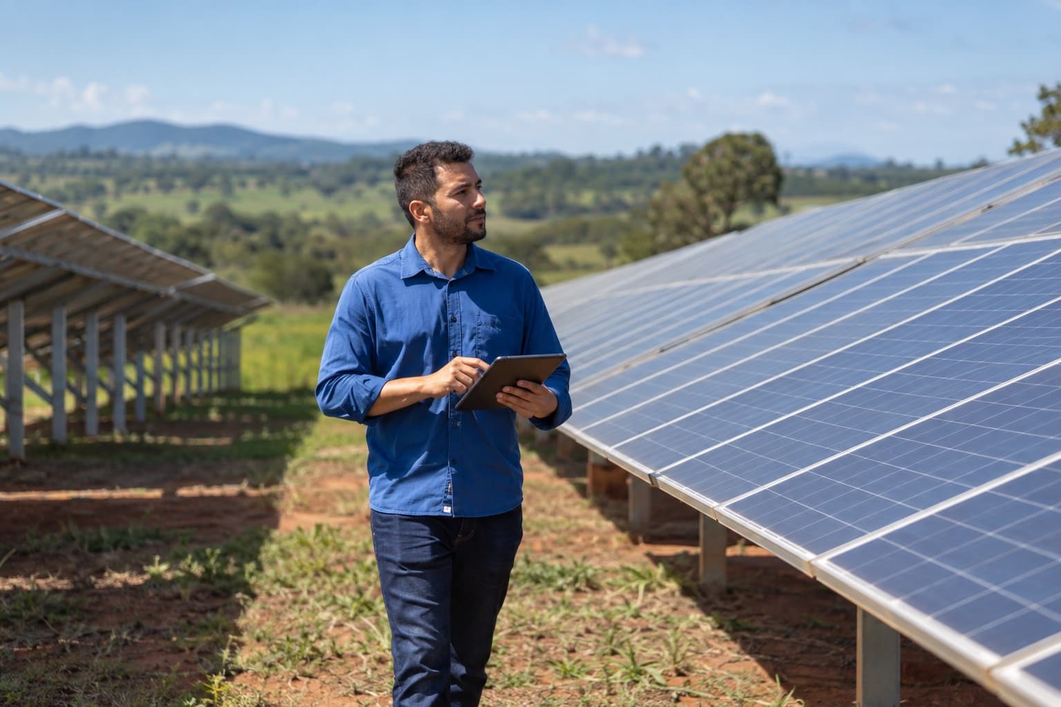 Técnico de camisa azul caminhando com um tablet entre longas fileiras de painéis solares instalados no solo, num campo aberto sob céu limpo