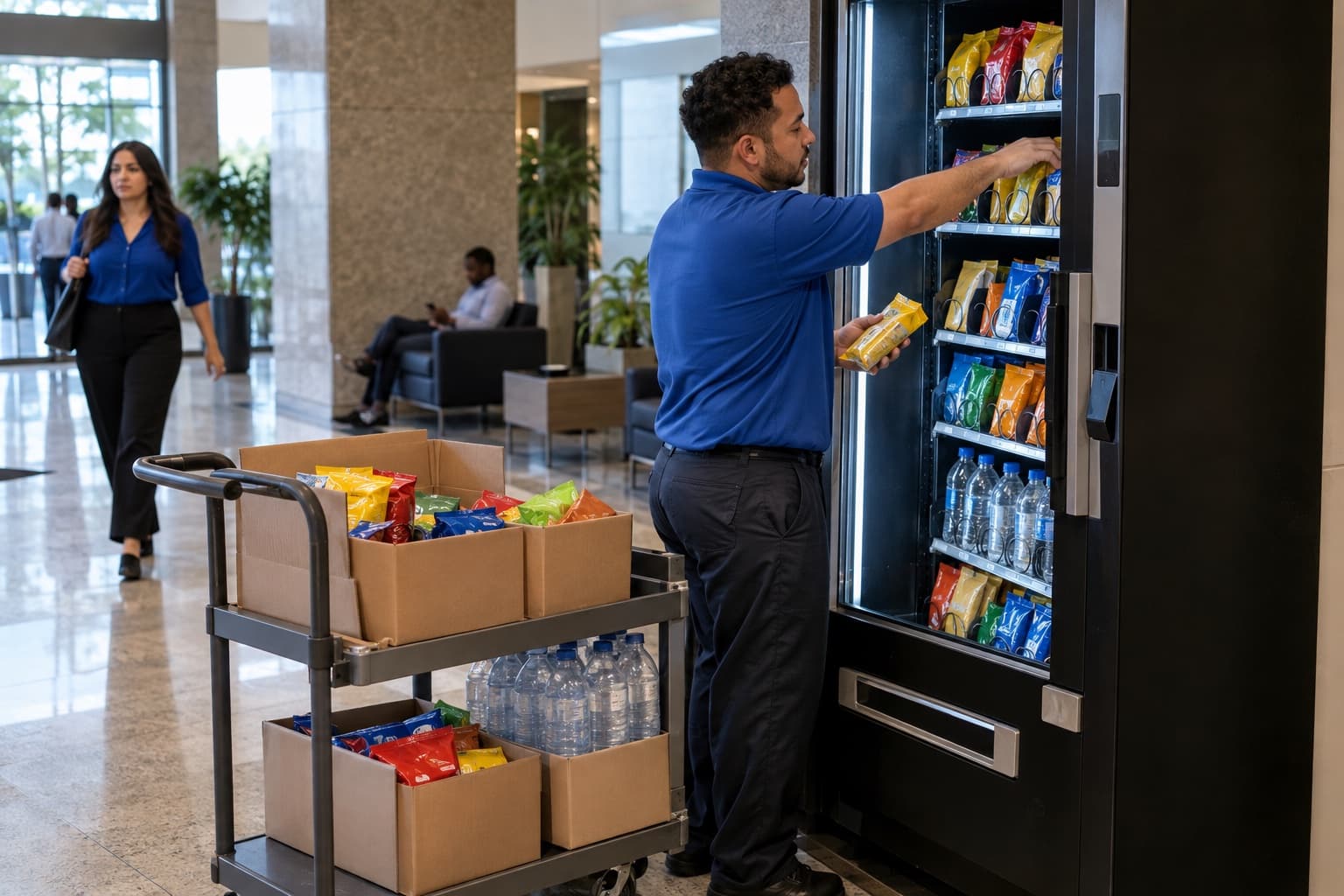 Operador reabastecendo uma máquina de snacks e bebidas no saguão de um prédio comercial, com um carrinho de caixas ao lado
